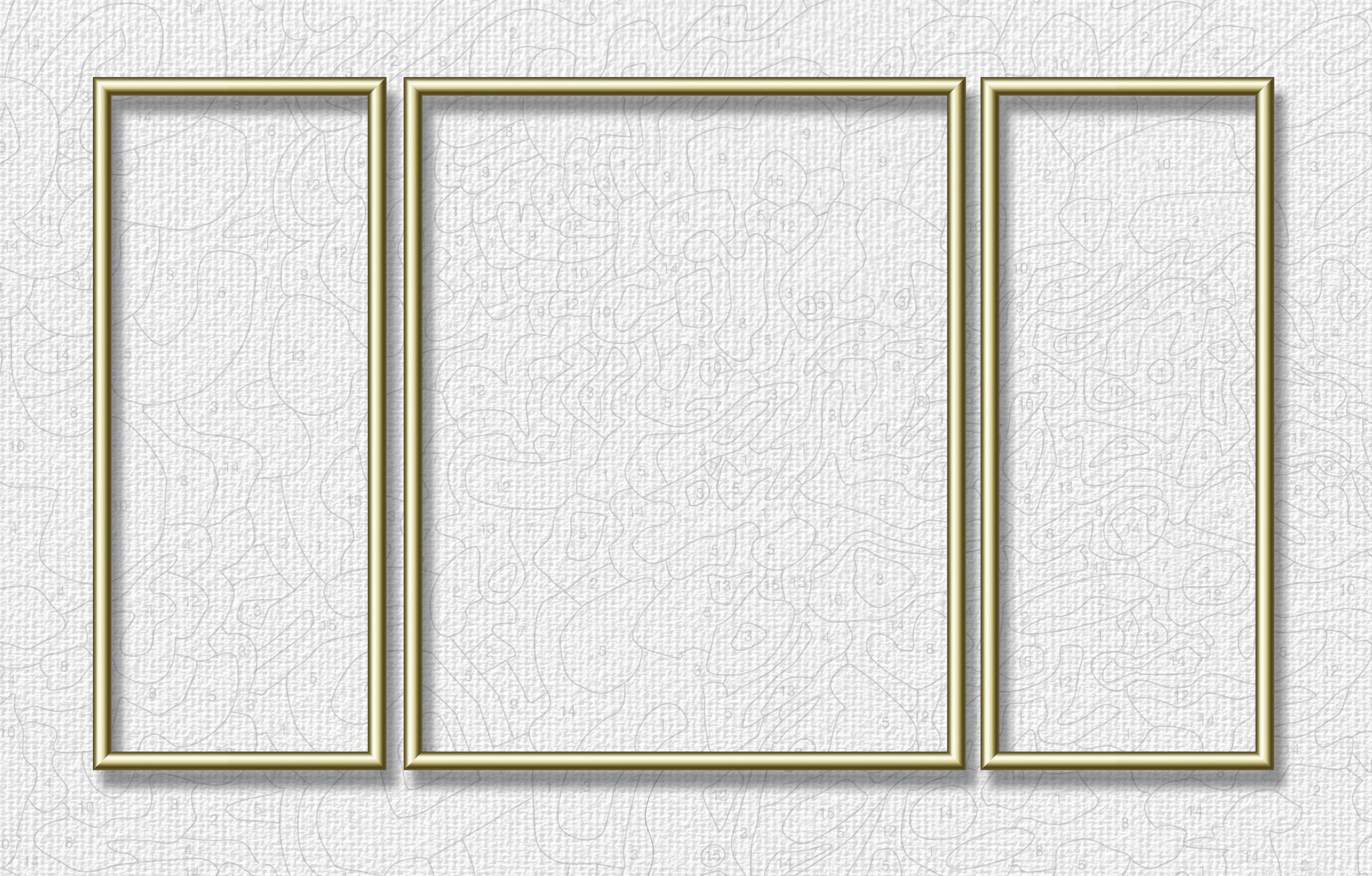 Drei goldene Bilderrahmen auf weißem Hintergrund mit strukturiertem Muster.