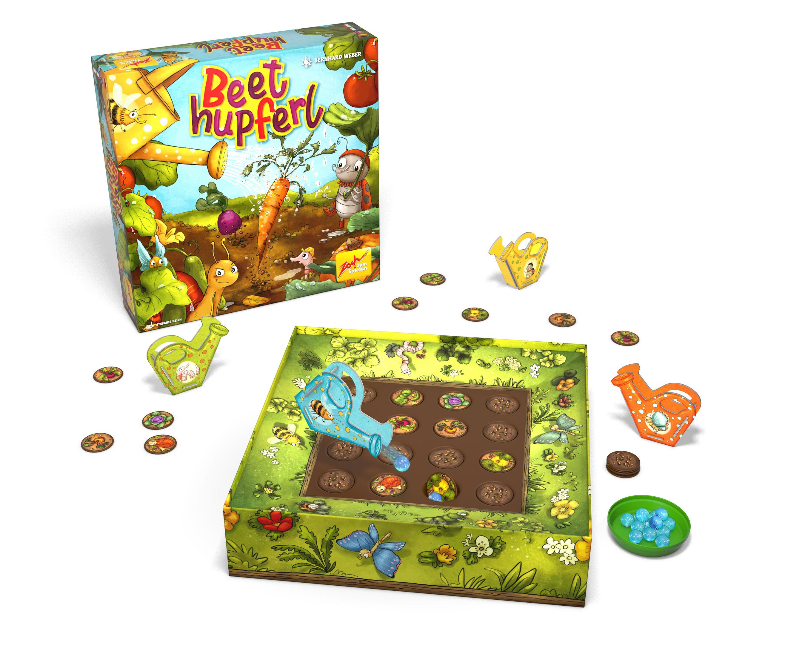 Ein Beet Hupperl Brettspiel mit Schachtel und Spielsteinen, die Cartoon-Gemüse und -Charaktere zeigen.
