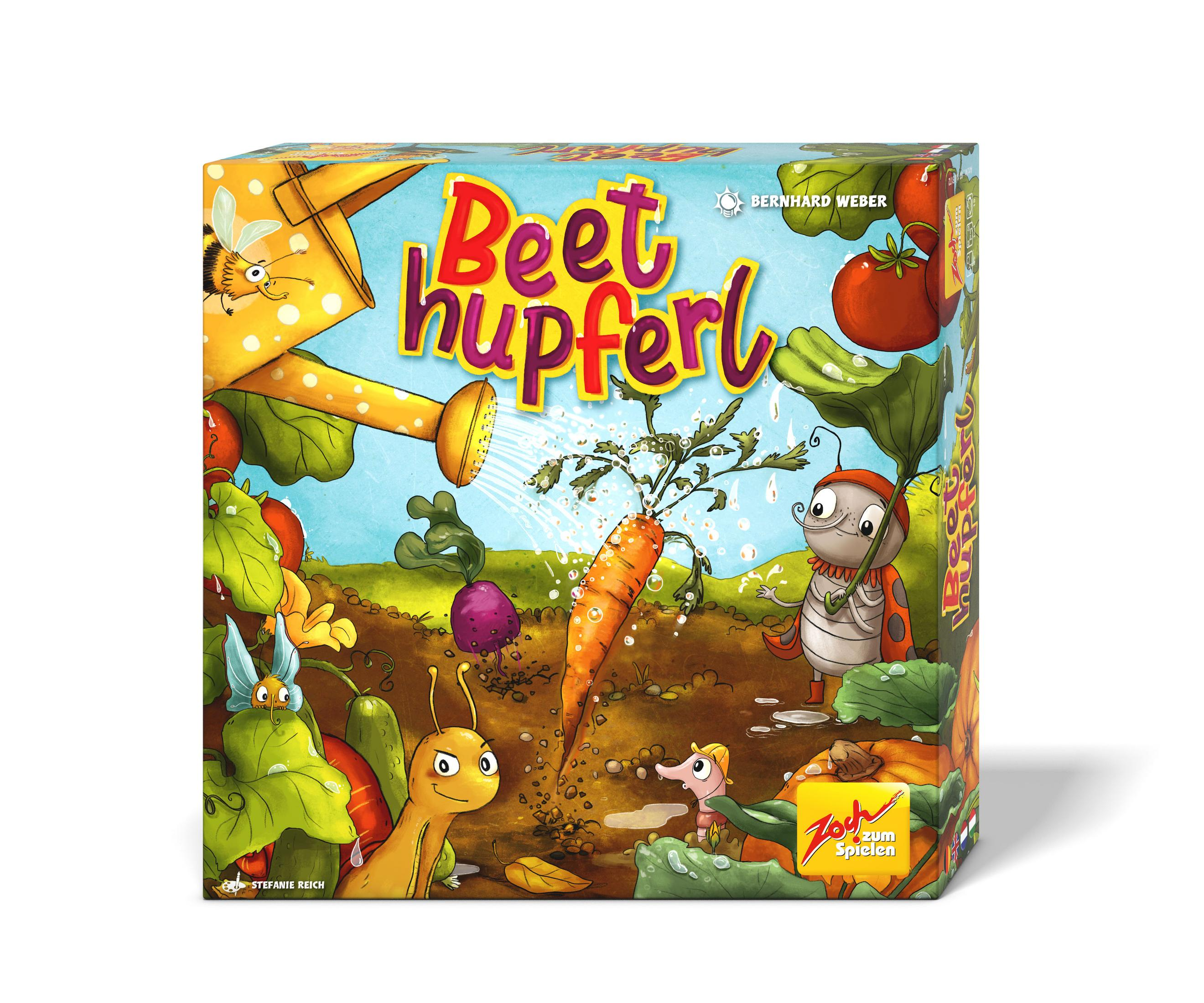 Beet hupferl Brettspielbox. Sie zeigt eine Gießkanne, Karotte, Käfer und Gemüse in einem Garten.