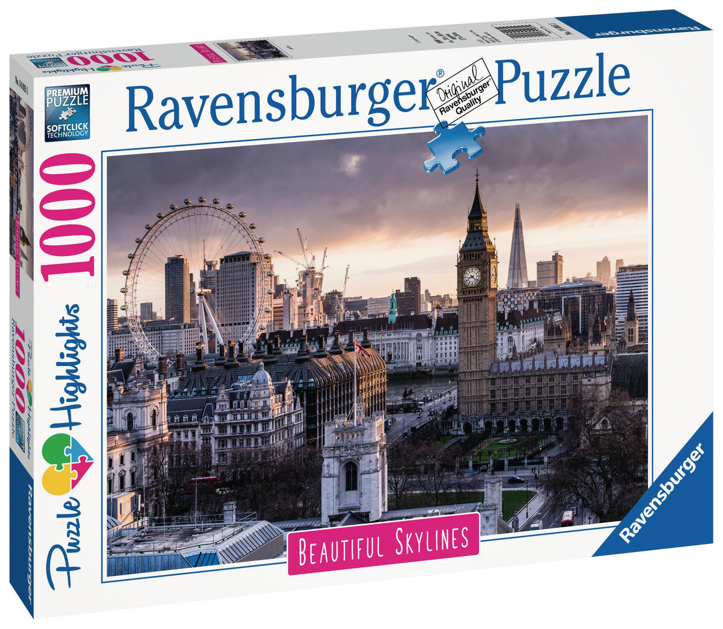Eine 1000-teilige Ravensburger Puzzledose mit einem Londoner Skyline-Bild bei Sonnenuntergang.