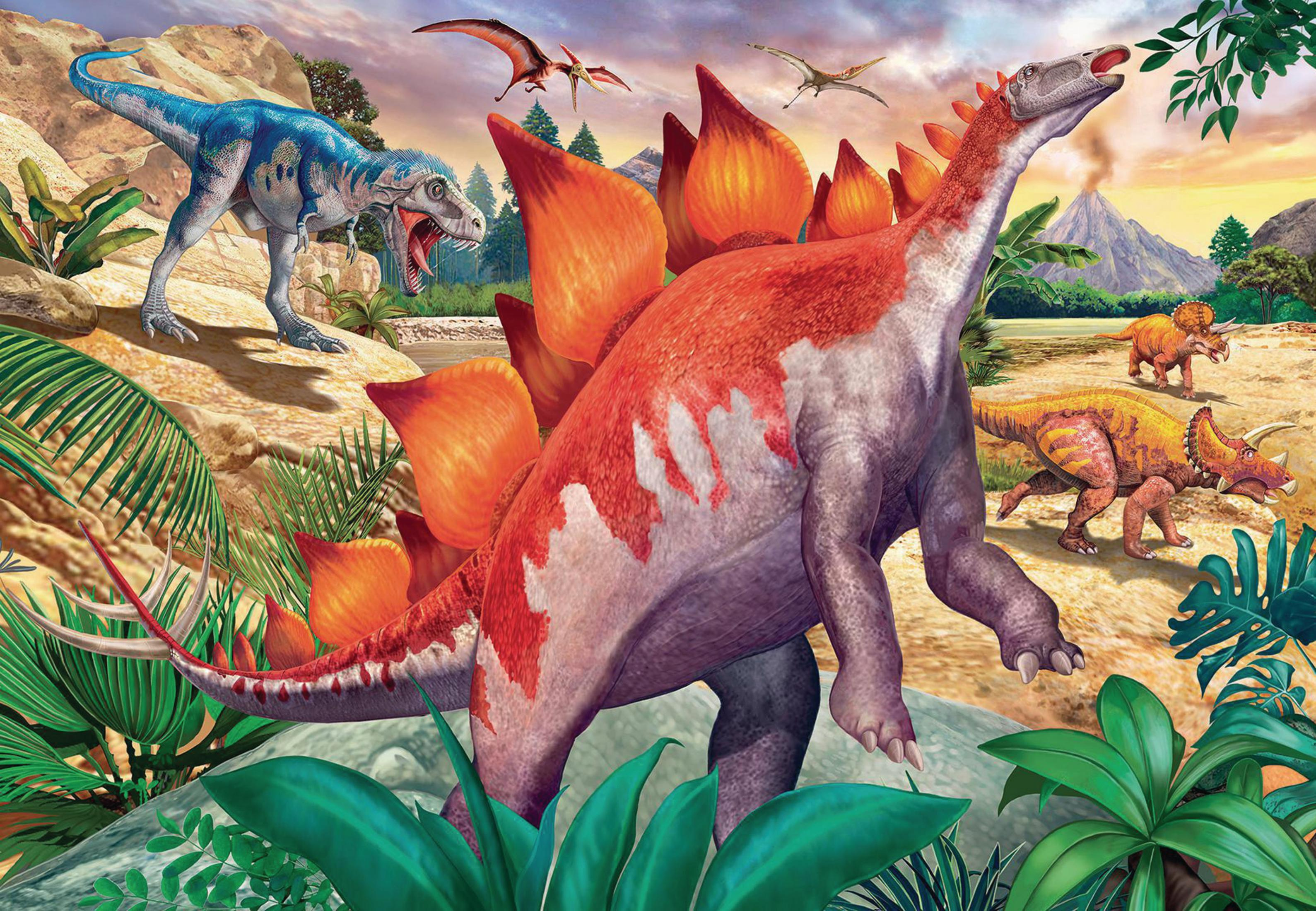 Eine farbenfrohe Dinosaurierszene mit einem Stegosaurus, einem blauen Dinosaurier und anderen prähistorischen Kreaturen.