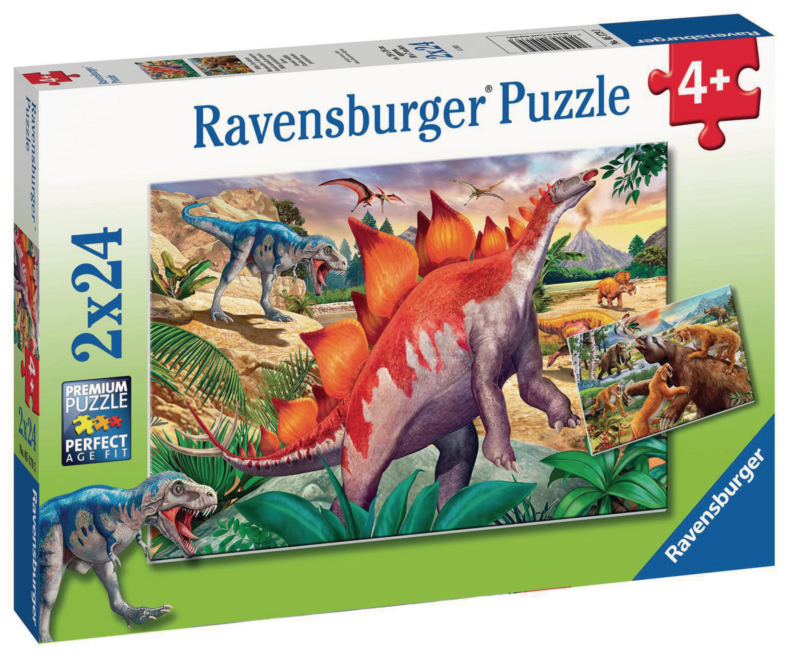 Puzzleschachtel mit einem Bild von Dinosauriern in einer Dschungelszene. Blaue und orangefarbene Dinosaurier sind sichtbar.