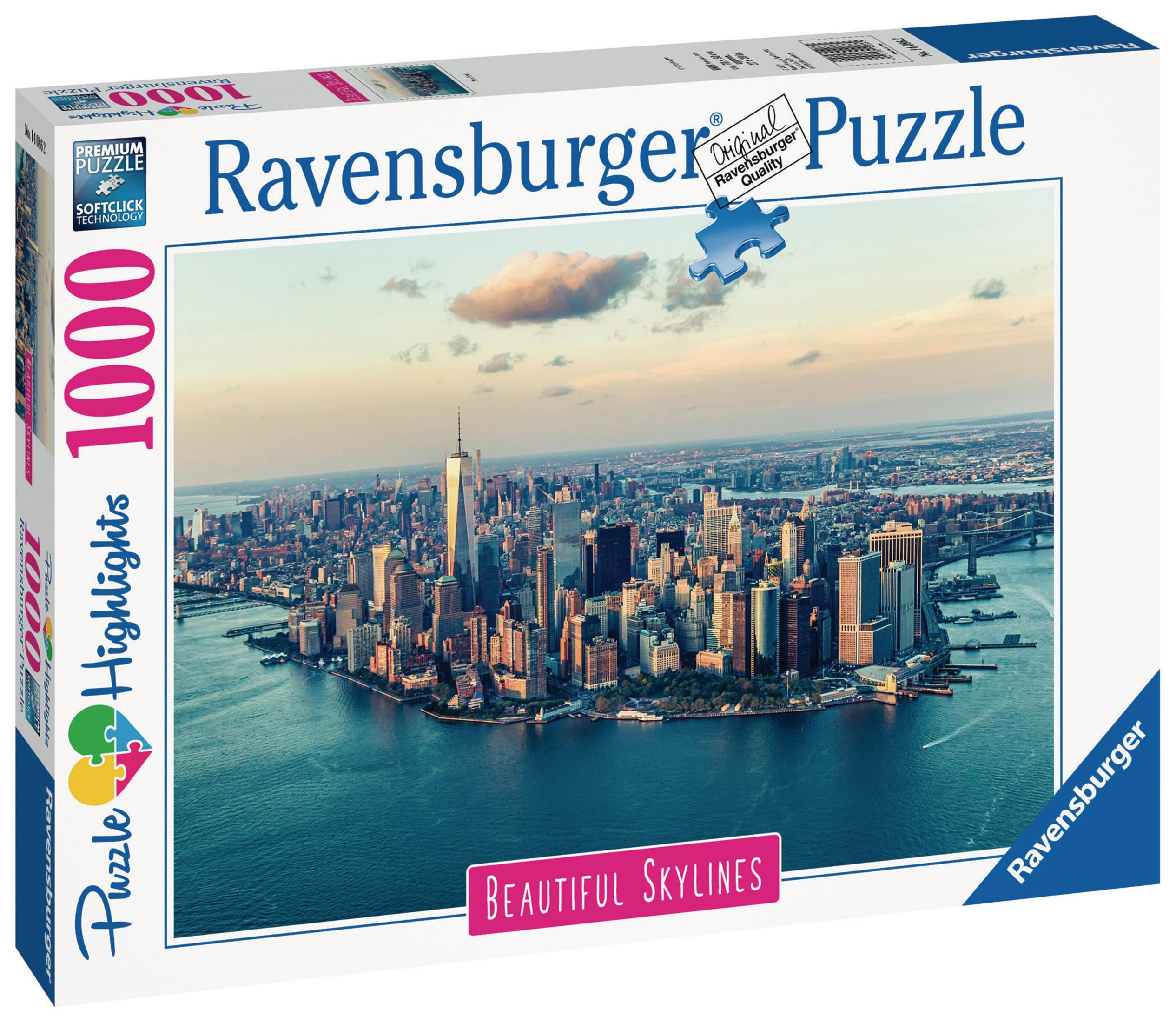 Eine Puzzleschachtel mit einem Stadtbild von New York, einschließlich des World Trade Centers.