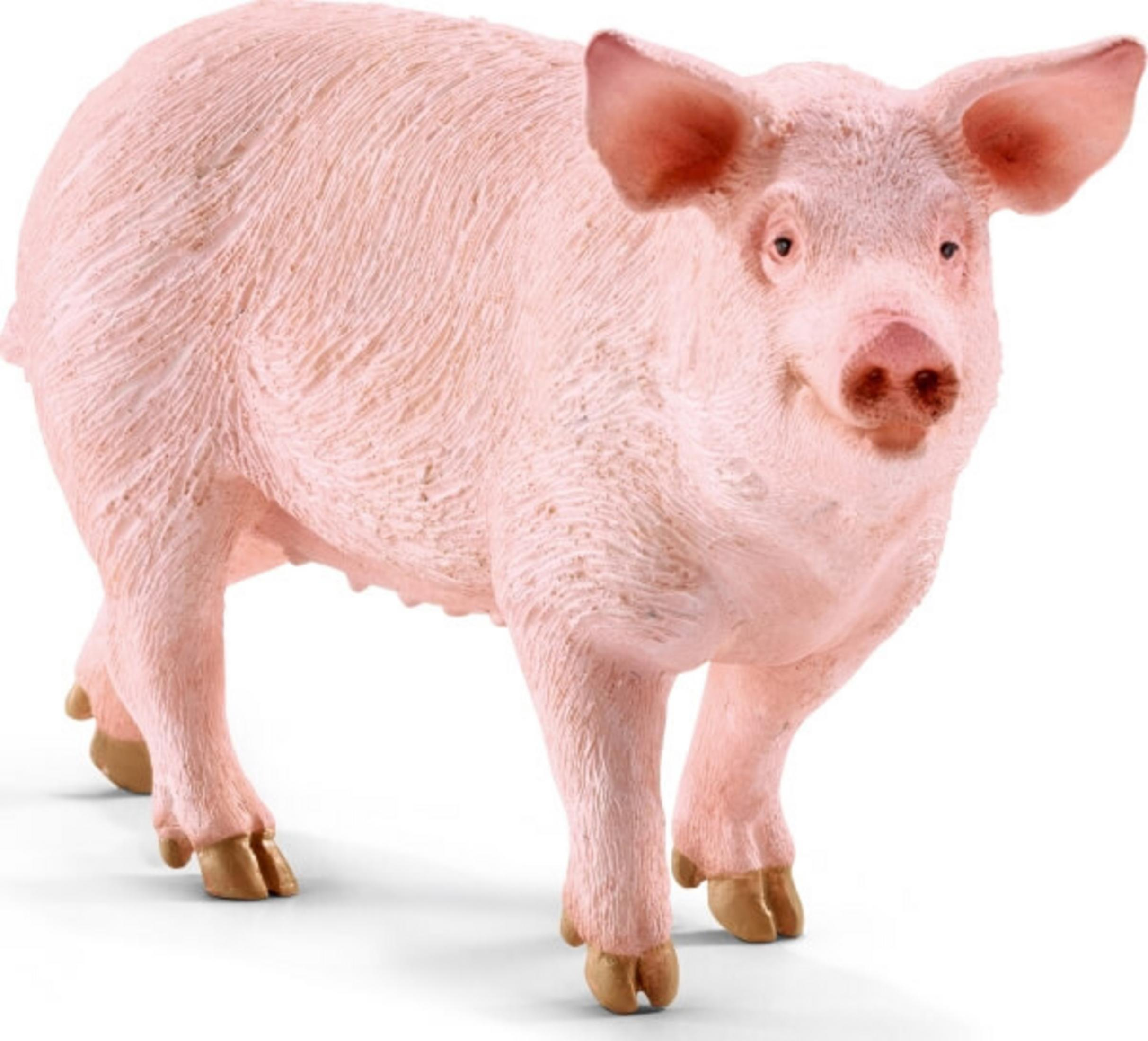 Różowa zabawka świnka. Świnka stoi na czterech nogach. Ma duże uszy i mały ogon.