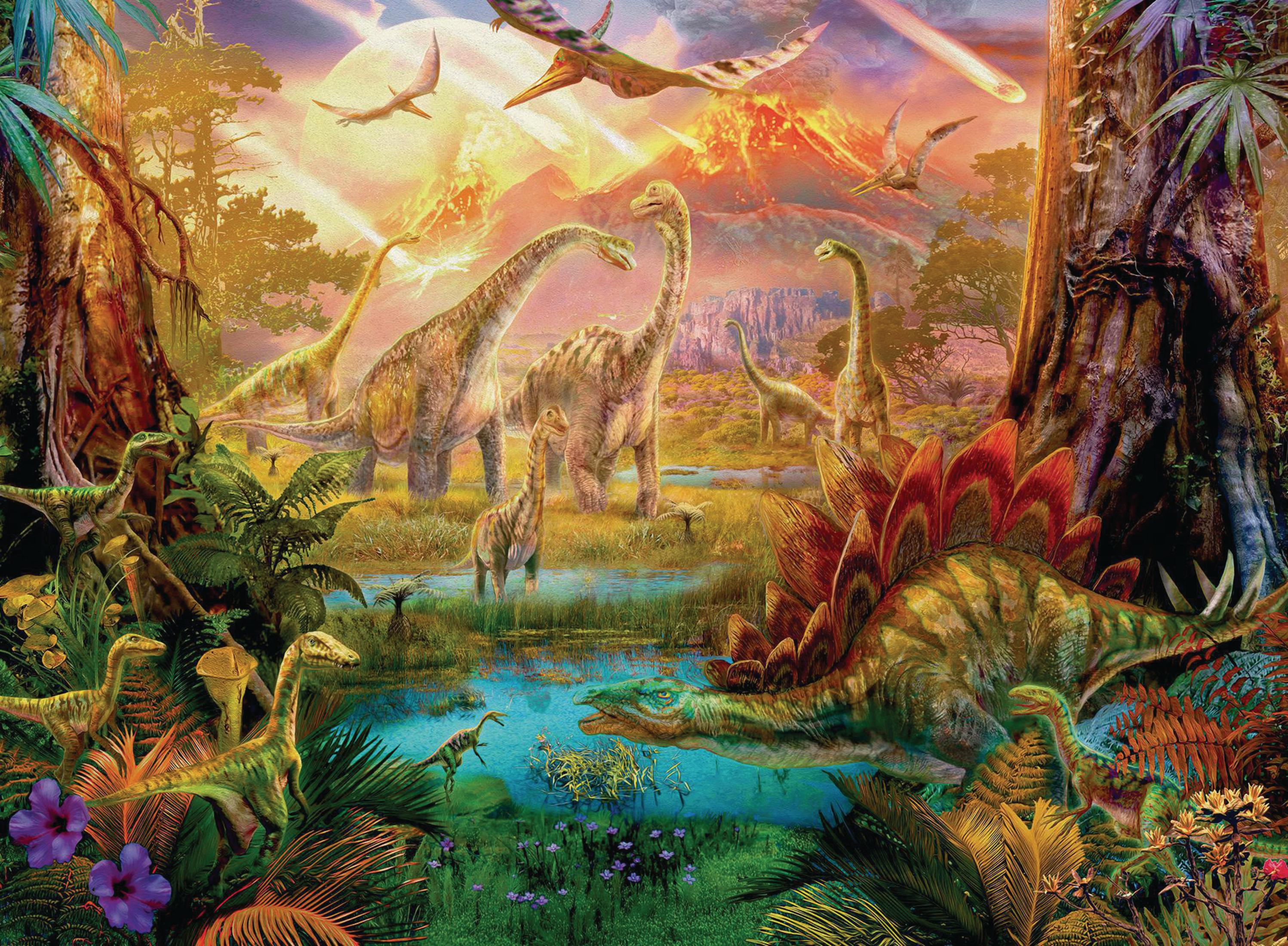 Dinosauri in un paesaggio preistorico. Vari dinosauri e pterosauri. Vulcano e sole sullo sfondo.