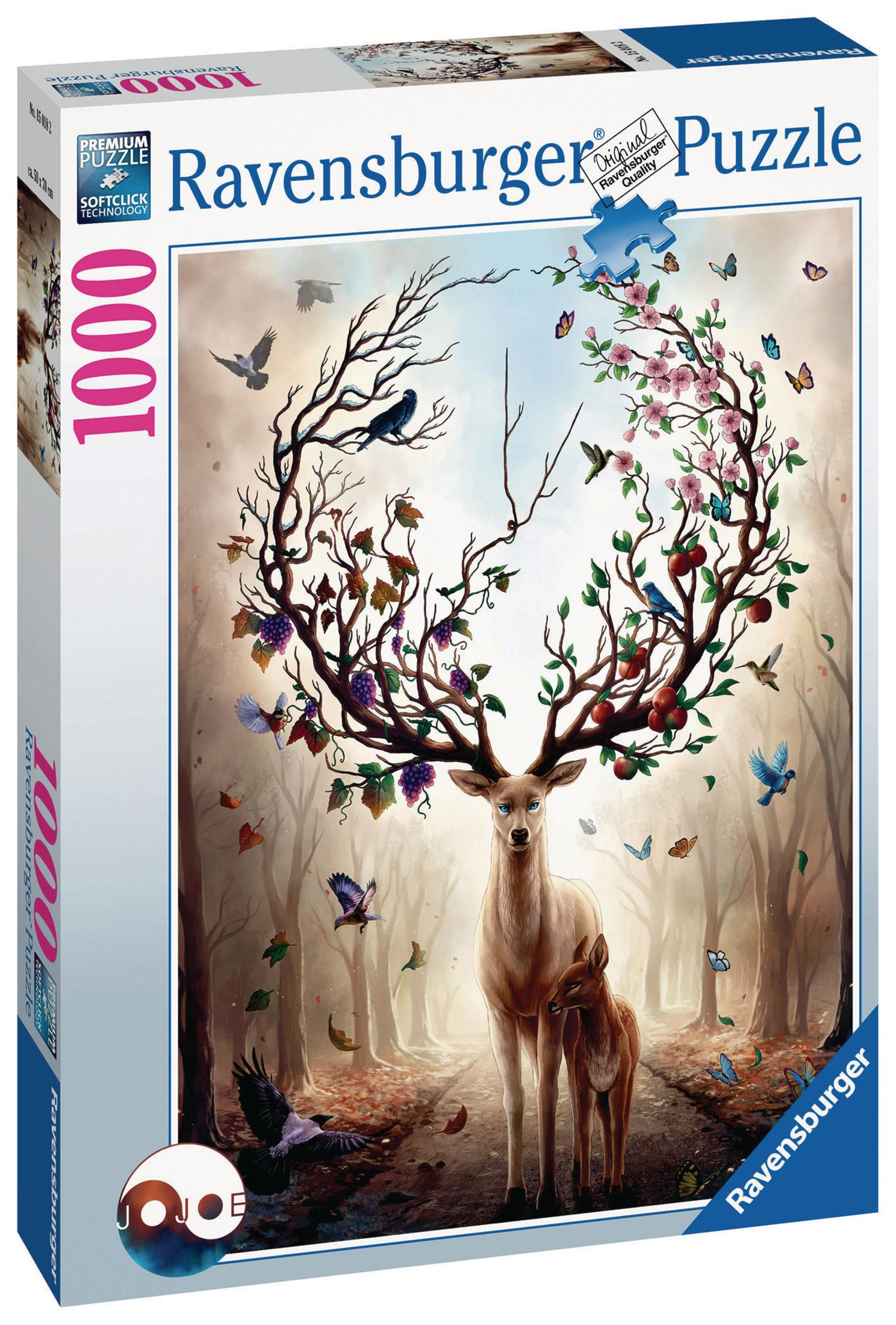Eine Puzzleschachtel mit einem Hirsch mit Geweih, umgeben von einem Wald, mit Vögeln und einem kleineren Hirsch daneben.