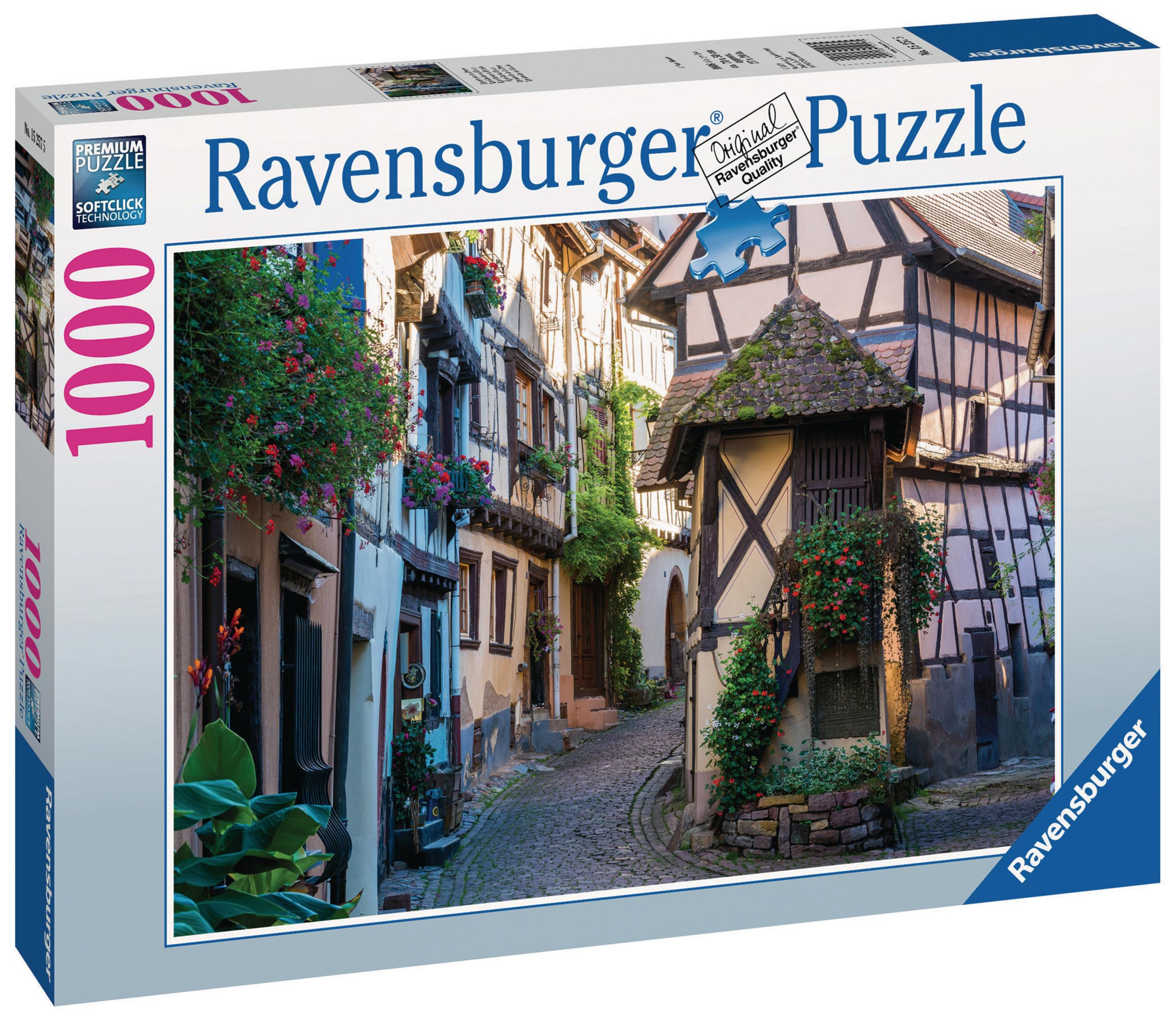 Pudełko z puzzlami Ravensburger przedstawia europejską scenę uliczną z kwiatami i budynkami.