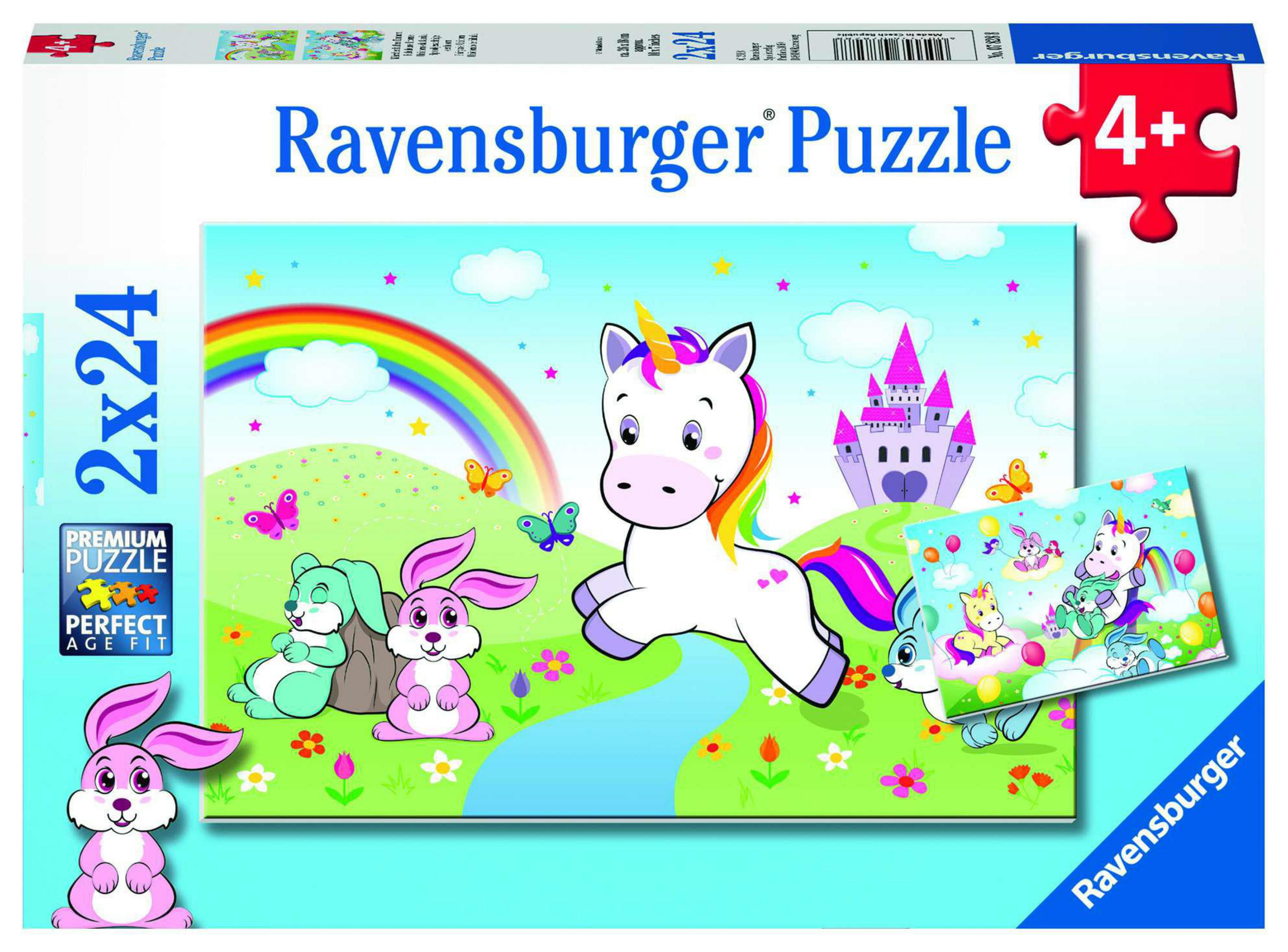 Eine Einhorn-Puzzle-Box mit Regenbogen, Schmetterlingen, einem Schloss und einem Cartoon-Einhorn, mit anderen Puzzleteilen.