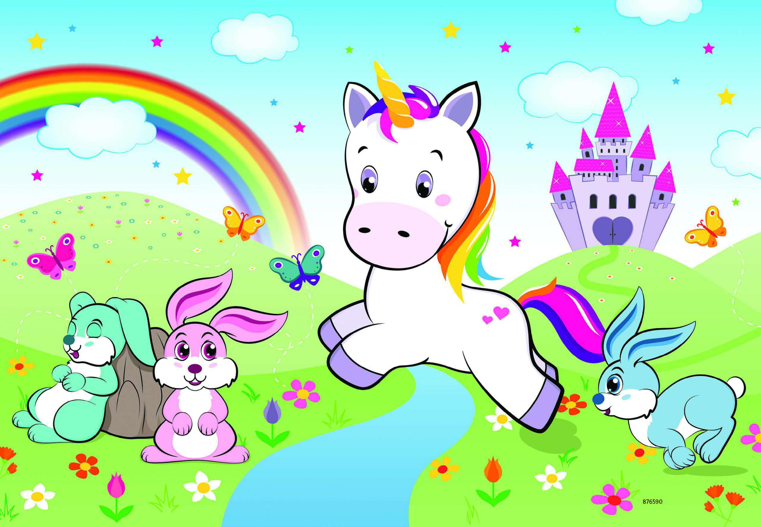 Eine Zeichentrickszene mit Regenbogen, Einhorn, Schmetterlingen, Hasen, Fluss und Burg.