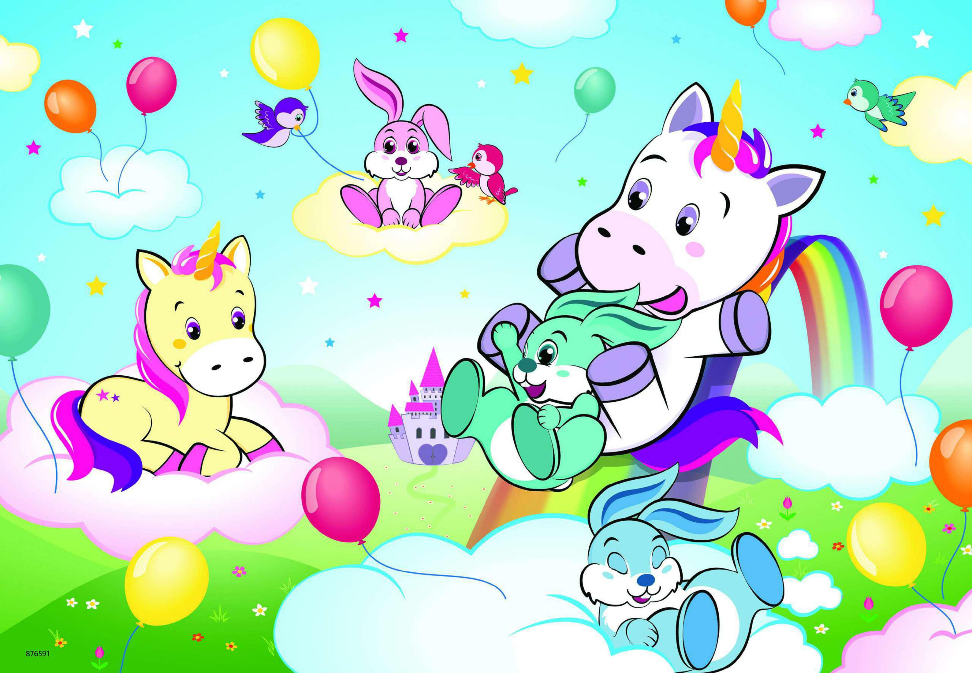Eine bunte Cartoon-Illustration mit Einhörnern, Hasen, Regenbogen und Ballons in einer hellen Umgebung.