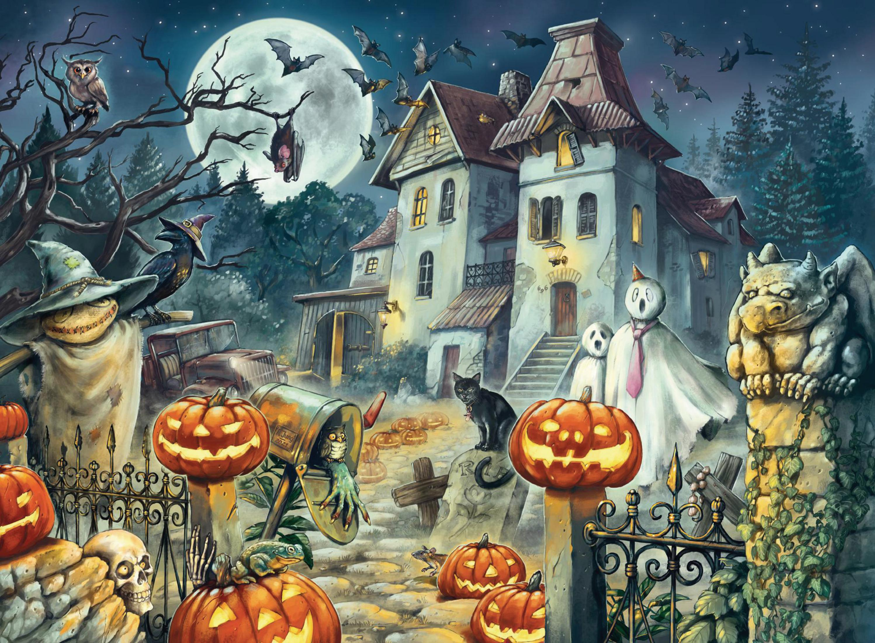 Puzzle o tematyce Halloween z nawiedzonym domem, dyniami i nietoperzami pod księżycem.