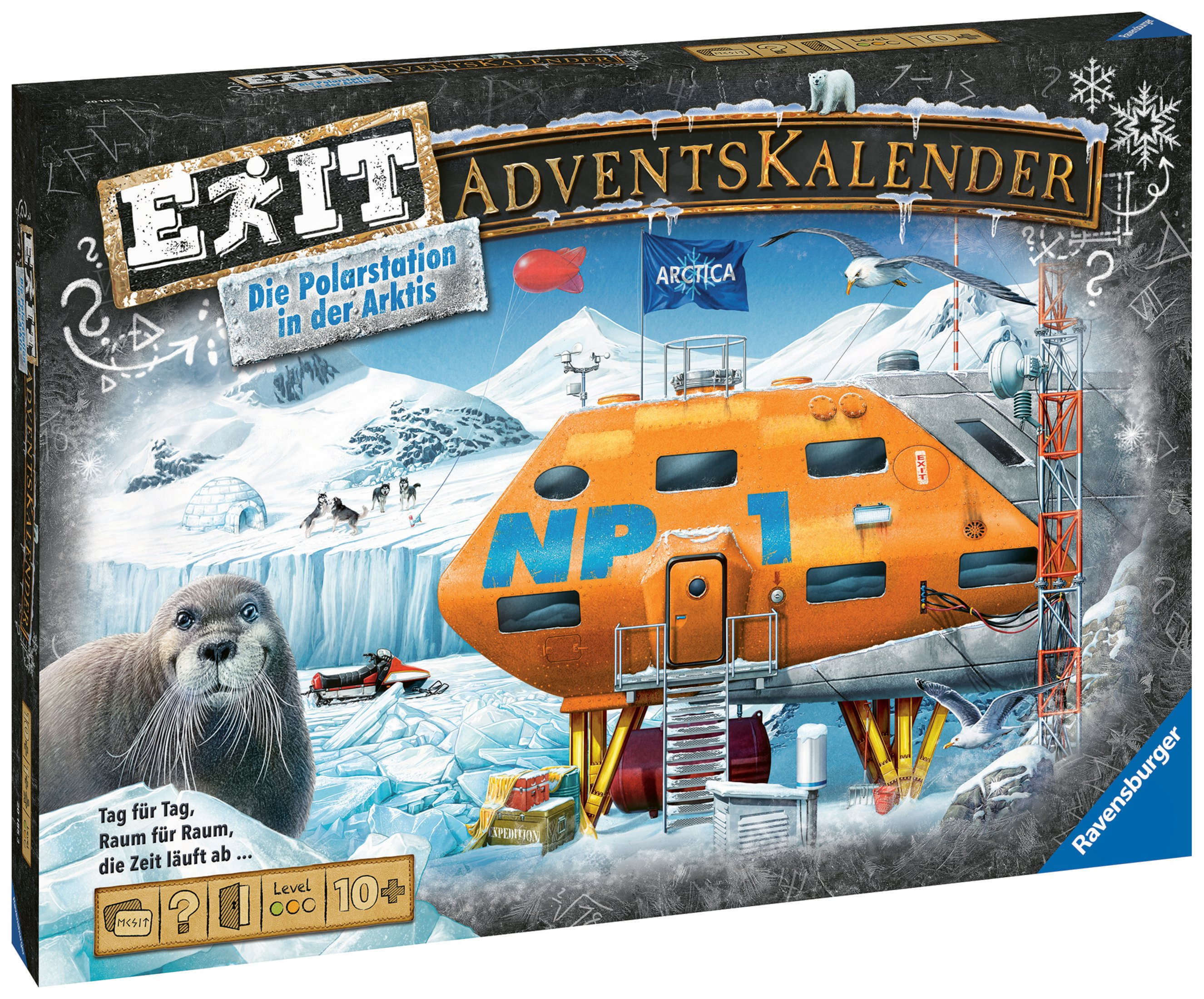 Verpacktes EXIT Adventskalender-Spiel. Zeigt eine Polarstation in der Arktis. Ein Seehund, Eisbär und Menschen sind sichtbar.