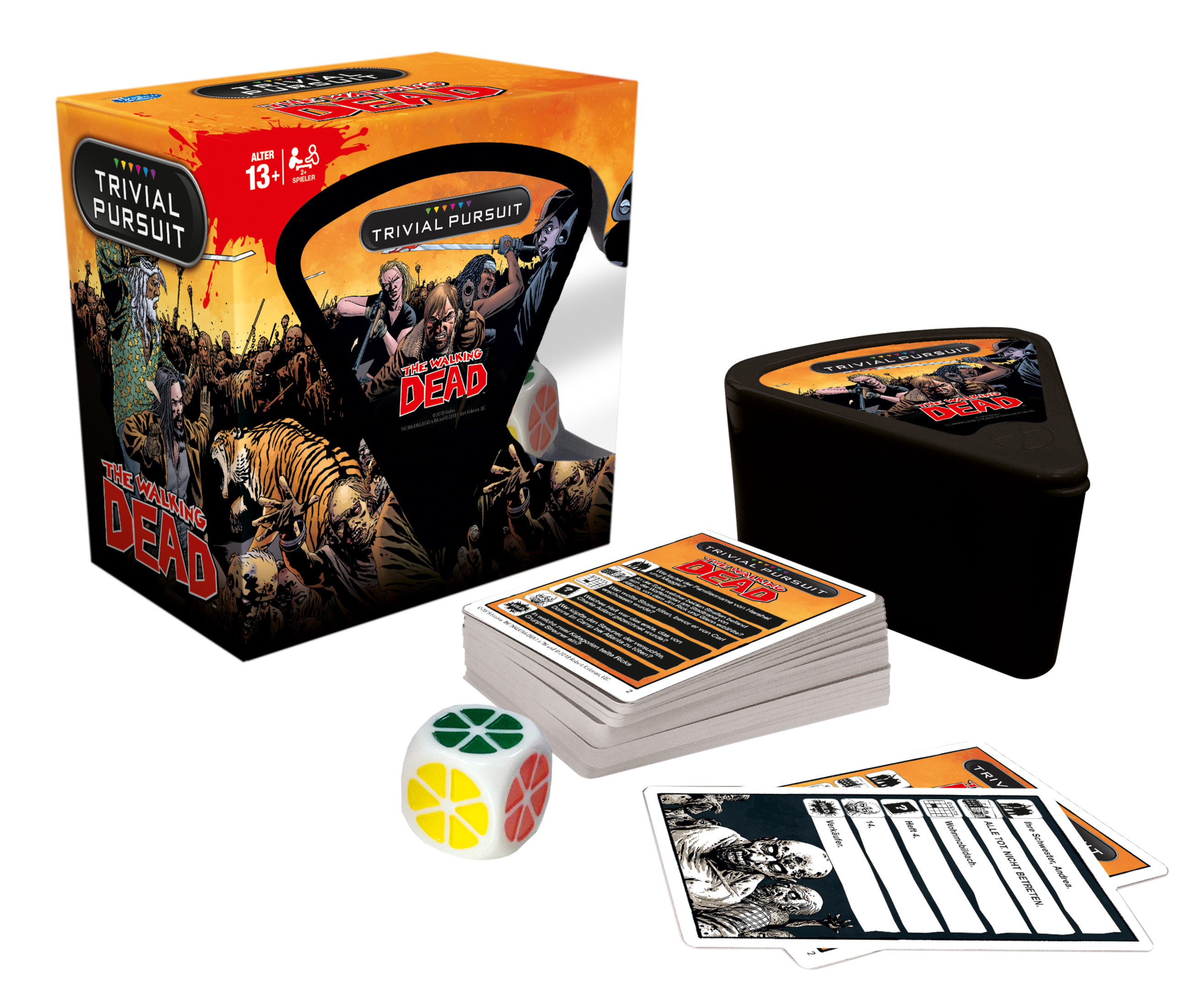 Trivial Pursuit: The Walking Dead Spielbox und Inhalt, einschließlich Karten, Würfel und Keilgehäuse.