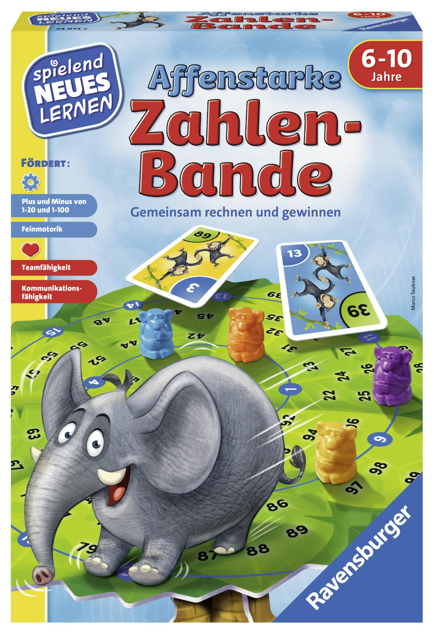 Boîte de jeu avec plateau, figurine d'éléphant, cartes numérotées et figurines de singes colorés. Texte en allemand.