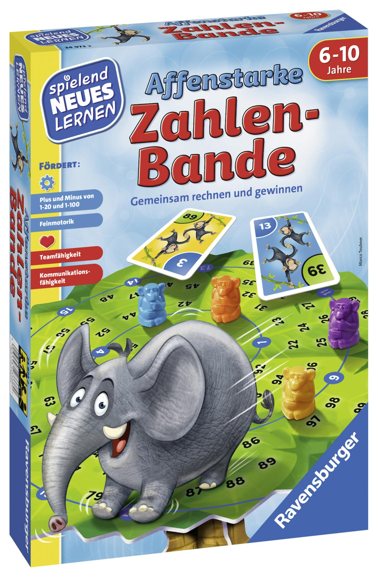 Boîte d'un jeu de société. Un éléphant et des pièces de jeu sont visibles sur le plateau.