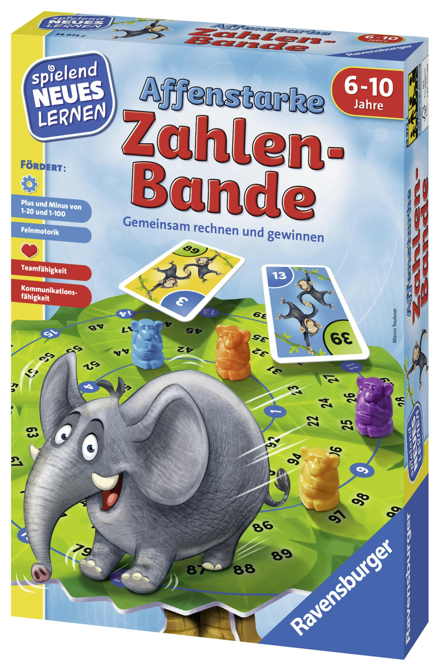 Une boîte de jeu de société avec un éléphant et des singes. La boîte est bleue et contient des cartes et des pions.