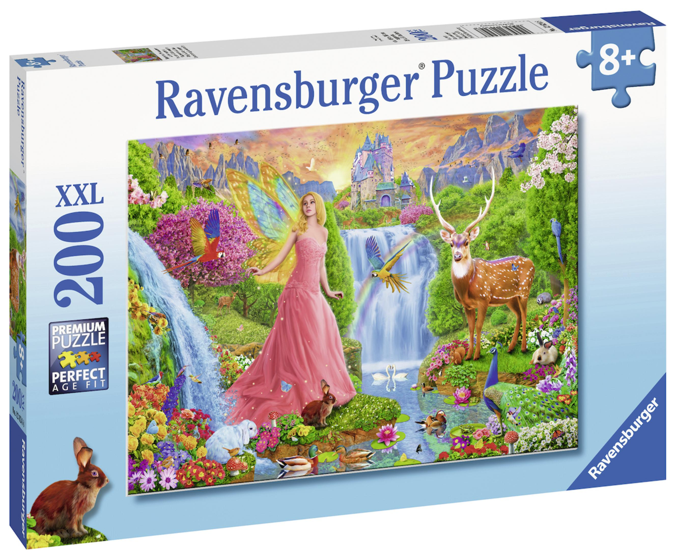 Puzzleschachtel mit einer Fantasieszene, einer Fee, einem Hirsch, einem Wasserfall und einer bunten Landschaft.
