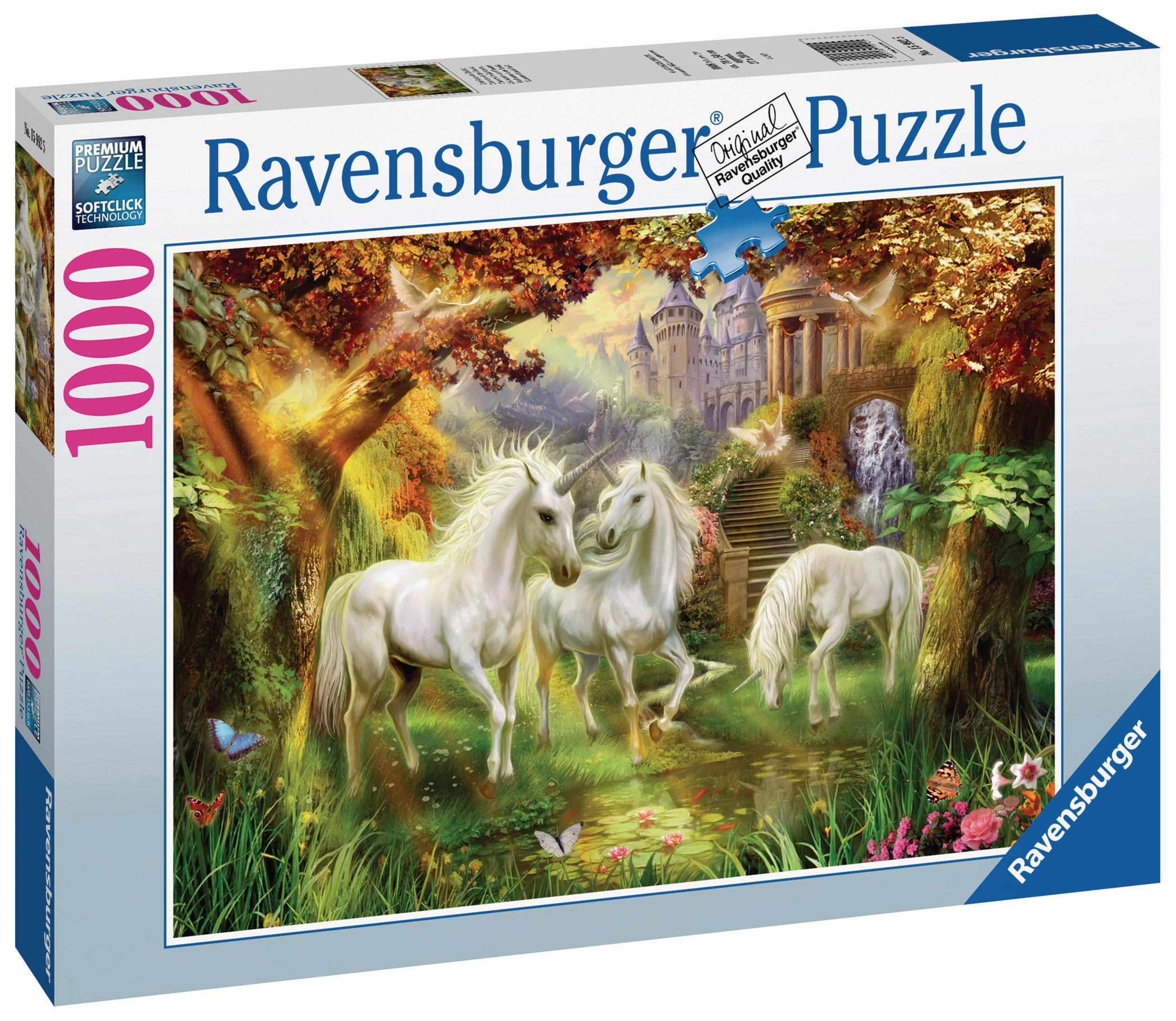 Ravensburger Puzzlebox: 1000 Teile. Einhörner im Wald mit Wasserfall und Schloss.