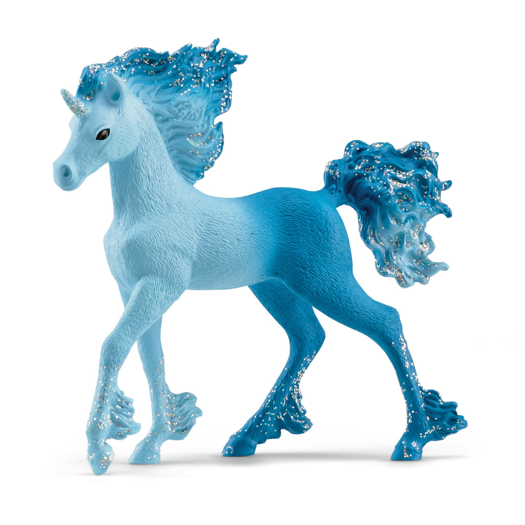 Jasnoniebieska zabawka jednorożca z niebieskimi i srebrnymi błyszczącymi detalami, w pozie biegu.