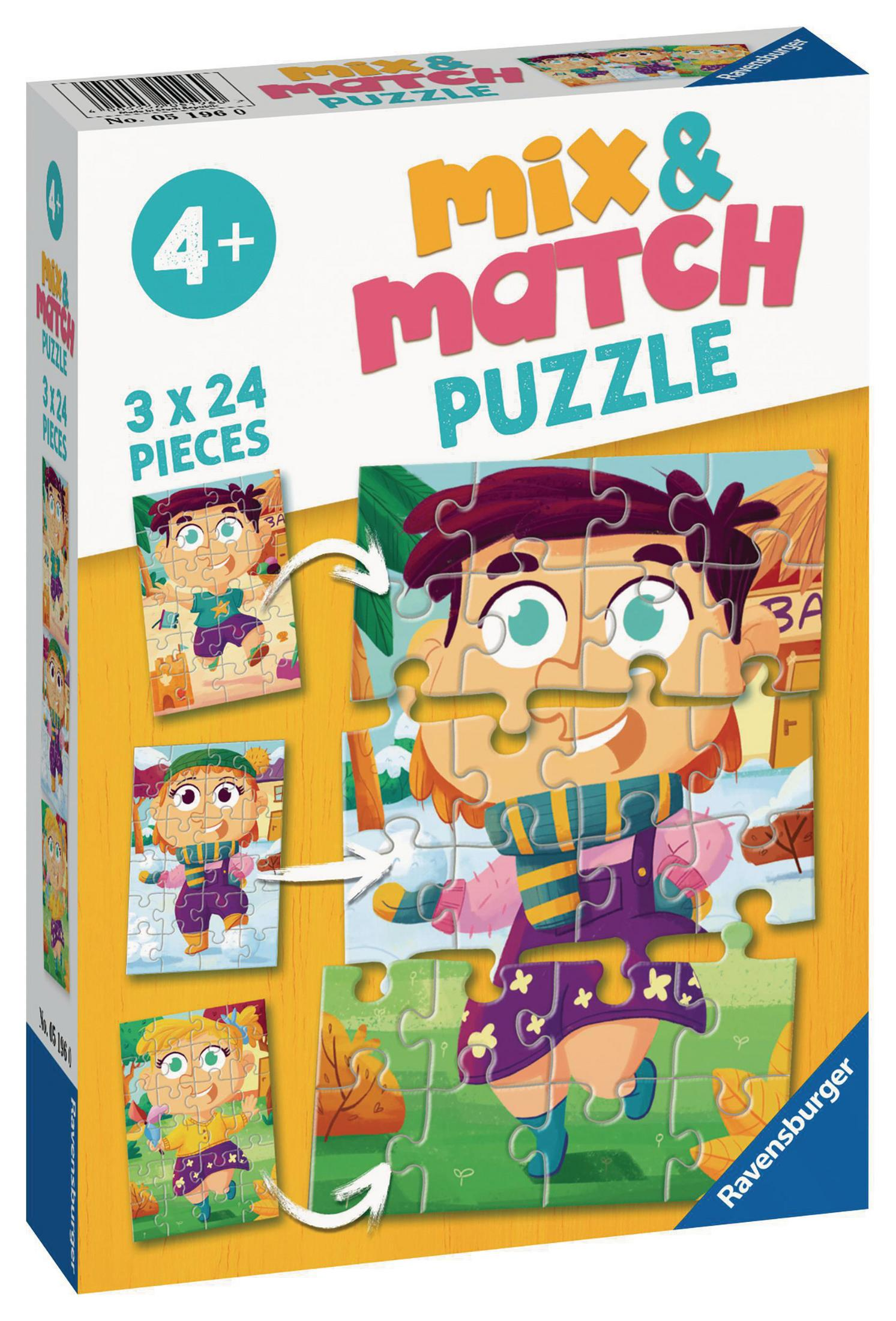 Eine Puzzledose zeigt ein Puzzle mit einem Kind, das einen Schal und Winterkleidung trägt. Andere Puzzles sind sichtbar.