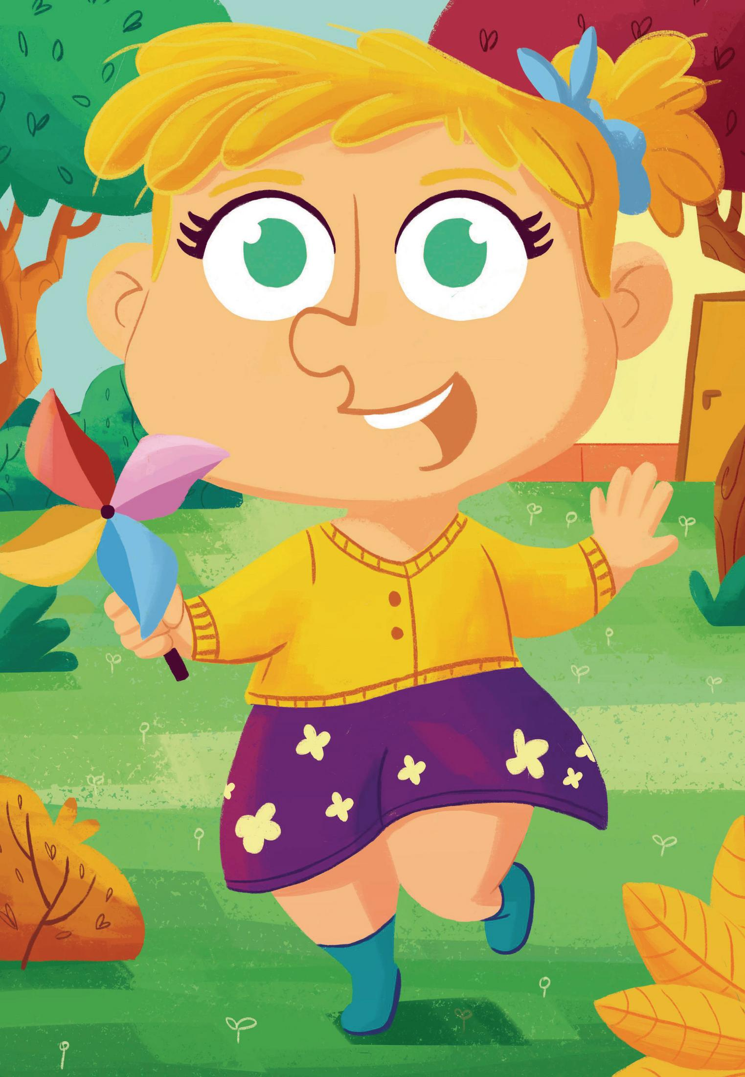Ein Cartoon-Mädchen mit Zöpfen, das ein Windrad hält, lächelt, auf einer Wiese.