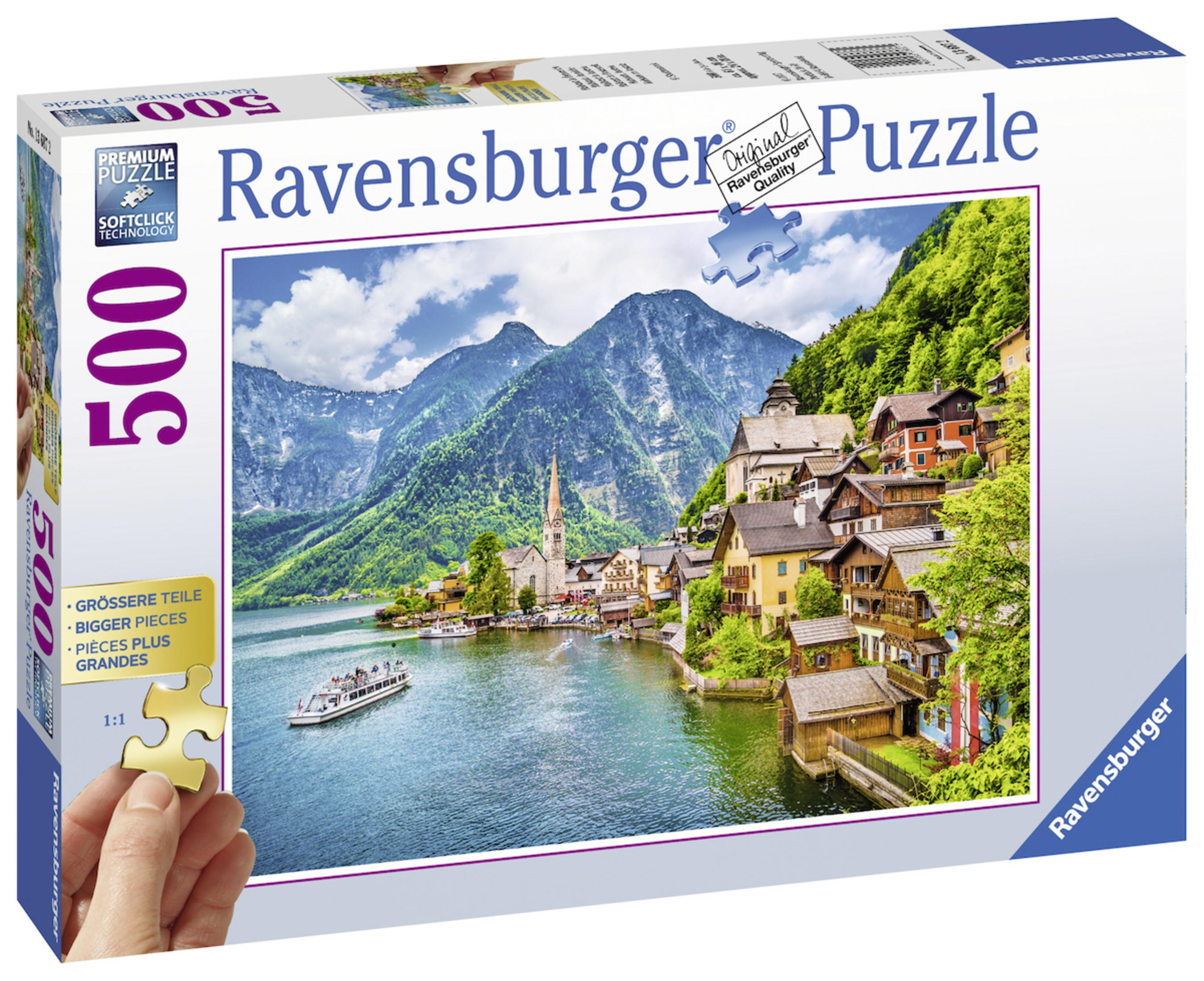 Ravensburger Puzzleschachtel mit einer Szene eines Dorfes am See.