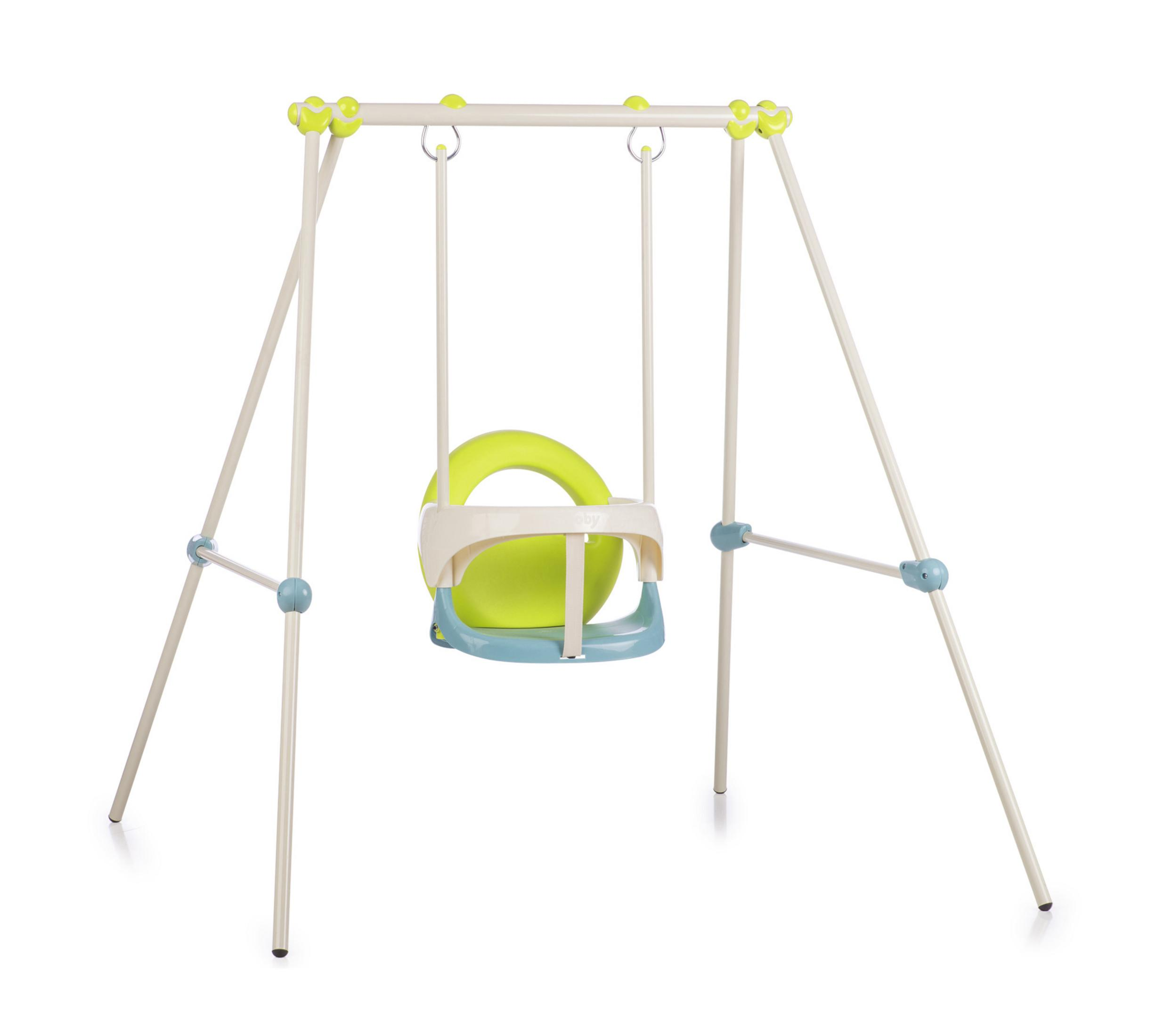 Schaukel für Kinder, aus hellfarbenem Metall, mit einem grün-blauen Sitz.
