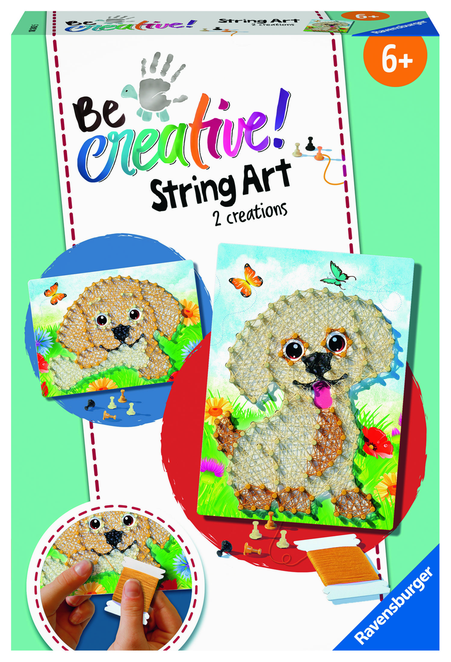 La scatola di string art con due immagini di cani e una piccola bobina di filo, e una mano che usa il filo.