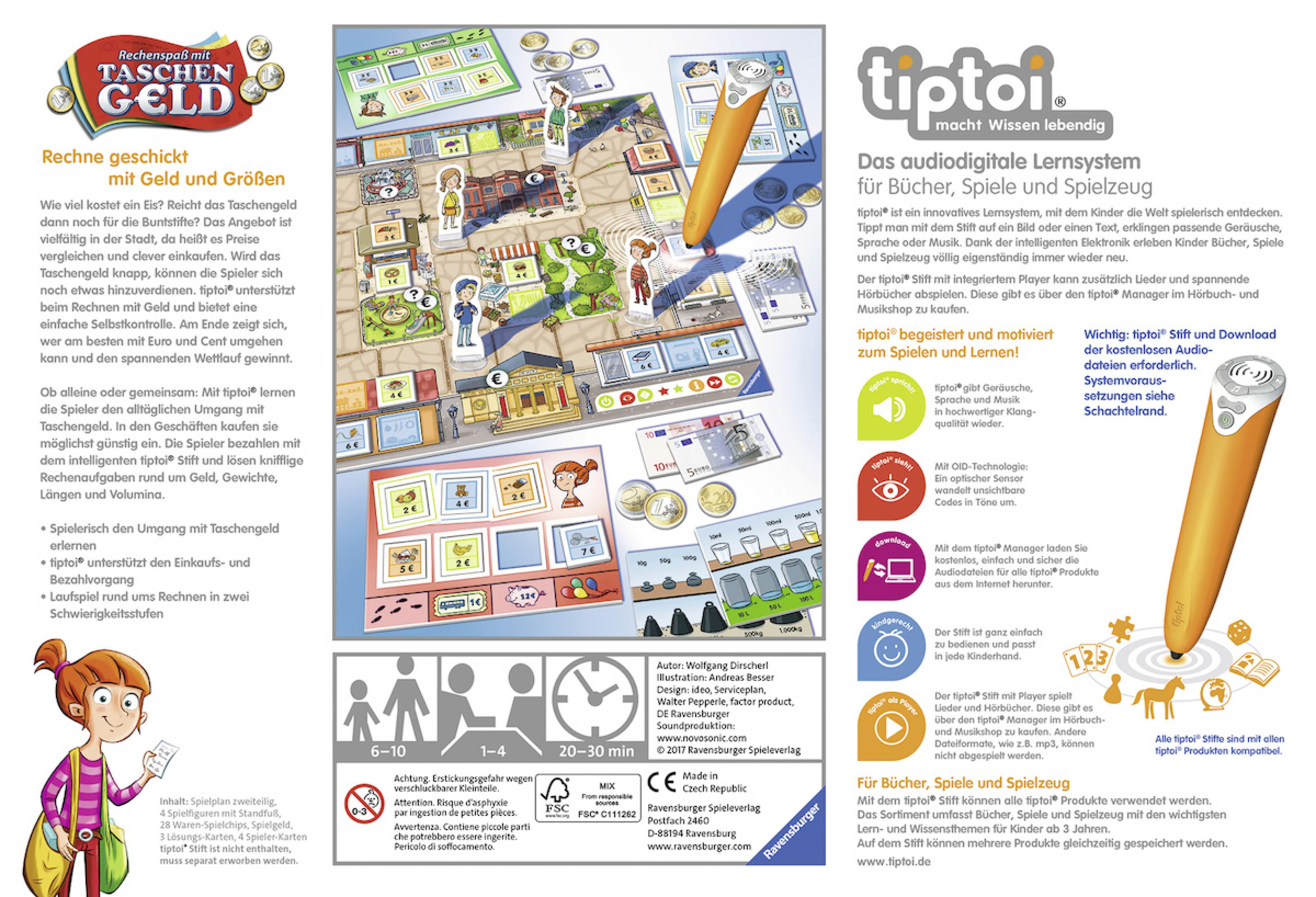 Ein farbenfrohes Brettspiel-Layout mit Text und Bildern. Ein oranger Stift liegt neben dem Spiel.
