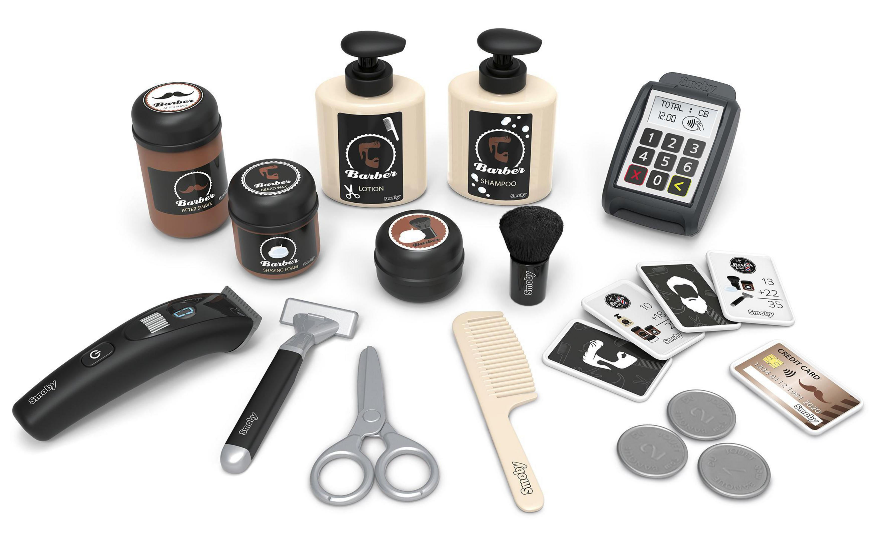 Spielzeug-Friseursalon-Set. Enthält verschiedene Friseurwerkzeuge, Flaschen und Zubehör wie Kreditkarte und Münzen.