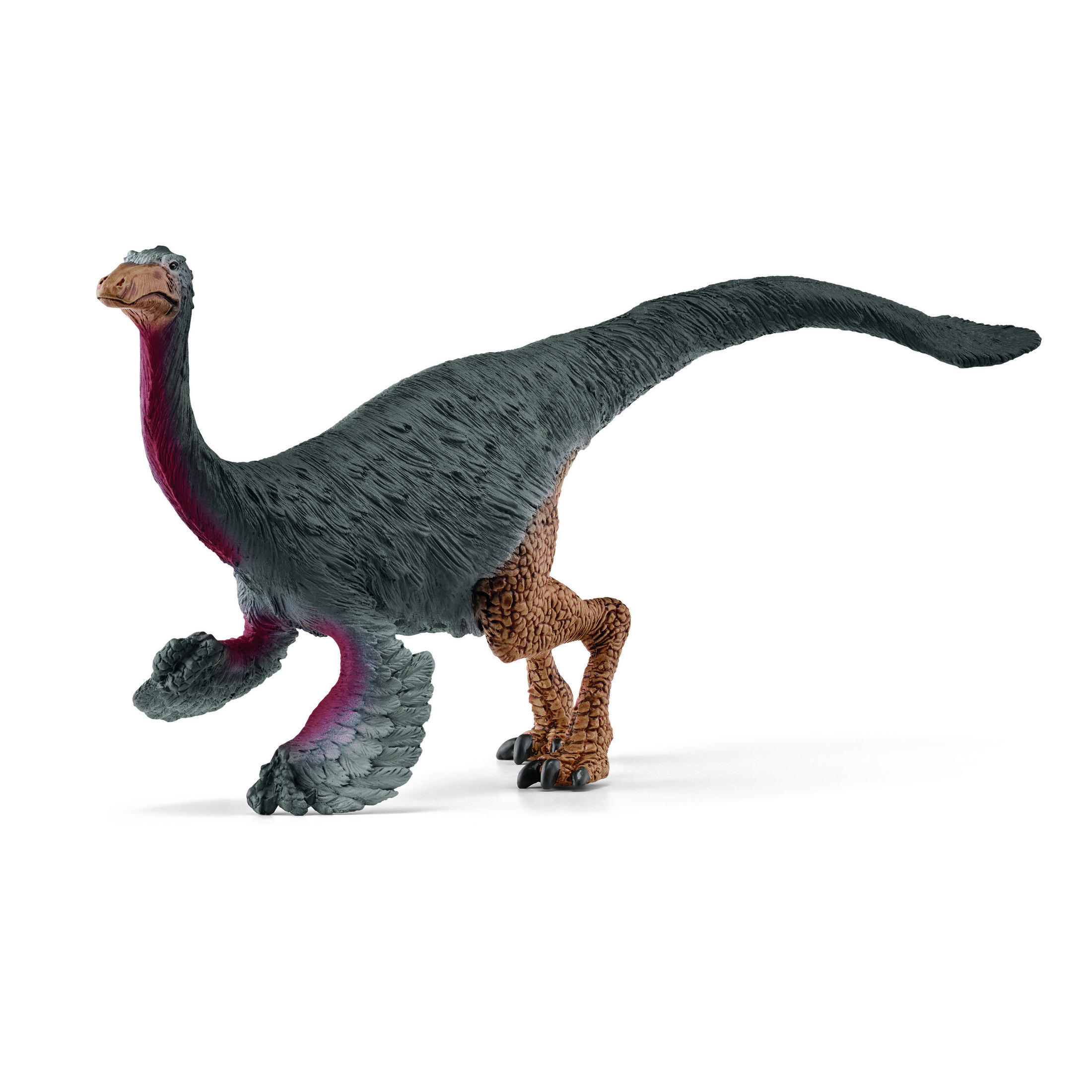 Zabawka dinozaura, Therizinosaurus, z szarymi i brązowymi kolorami na białym tle.