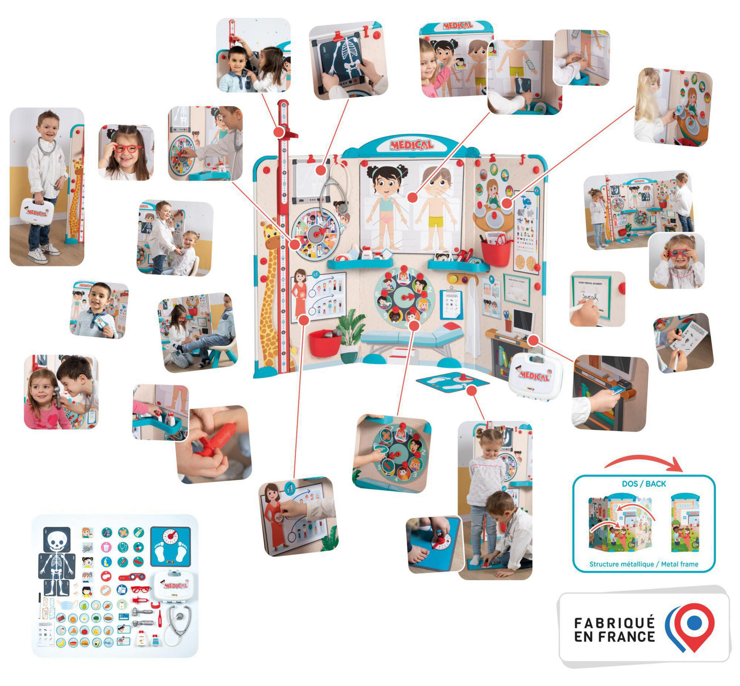 Zestaw zdjęć przedstawiających dzieci bawiące się zestawem medycznym. Zawiera konfigurację gabinetu lekarskiego.