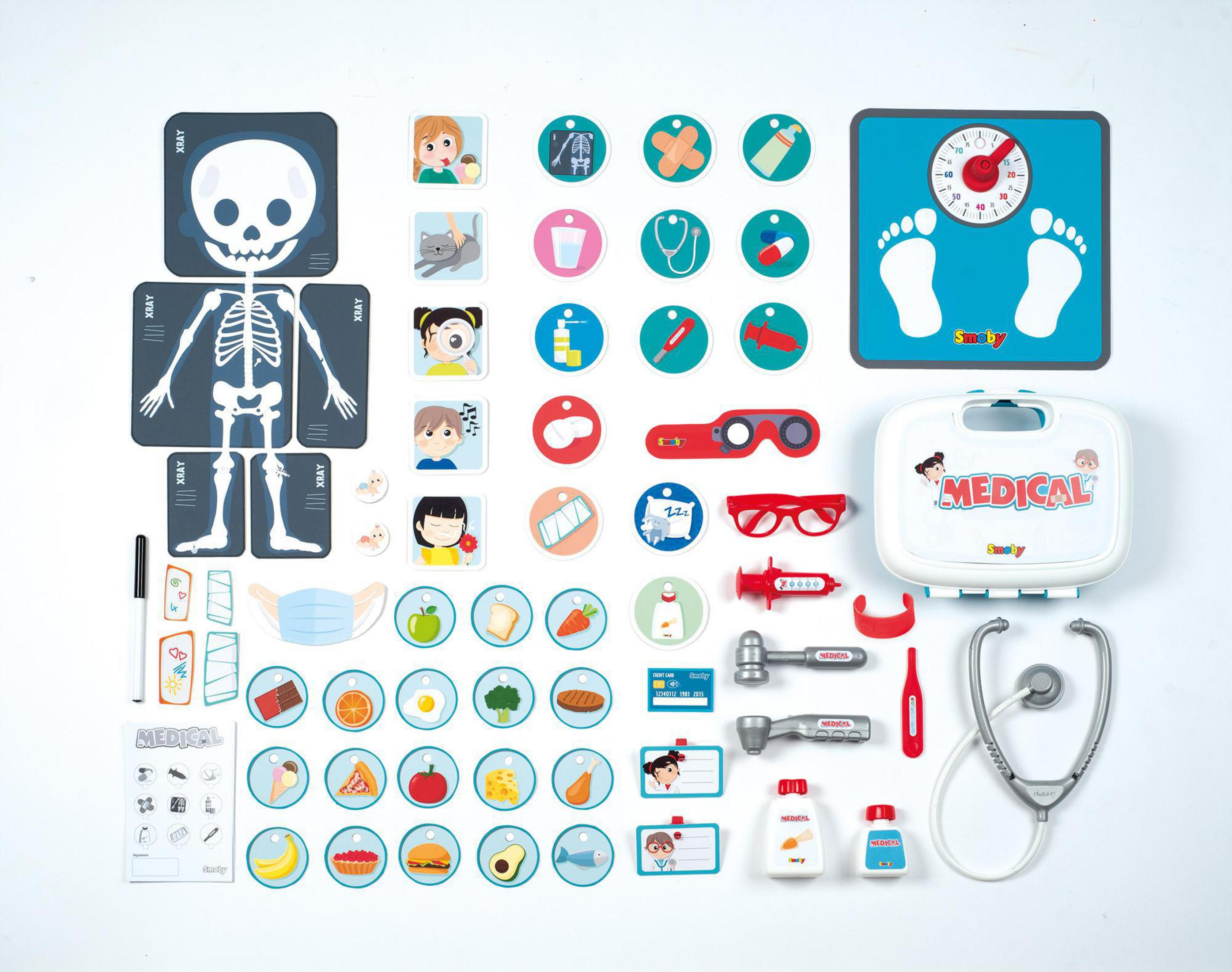 Zestaw zabawek medycznych z narzędziami, naklejkami i wagą. Zawiera zdjęcia rentgenowskie i stetoskop.