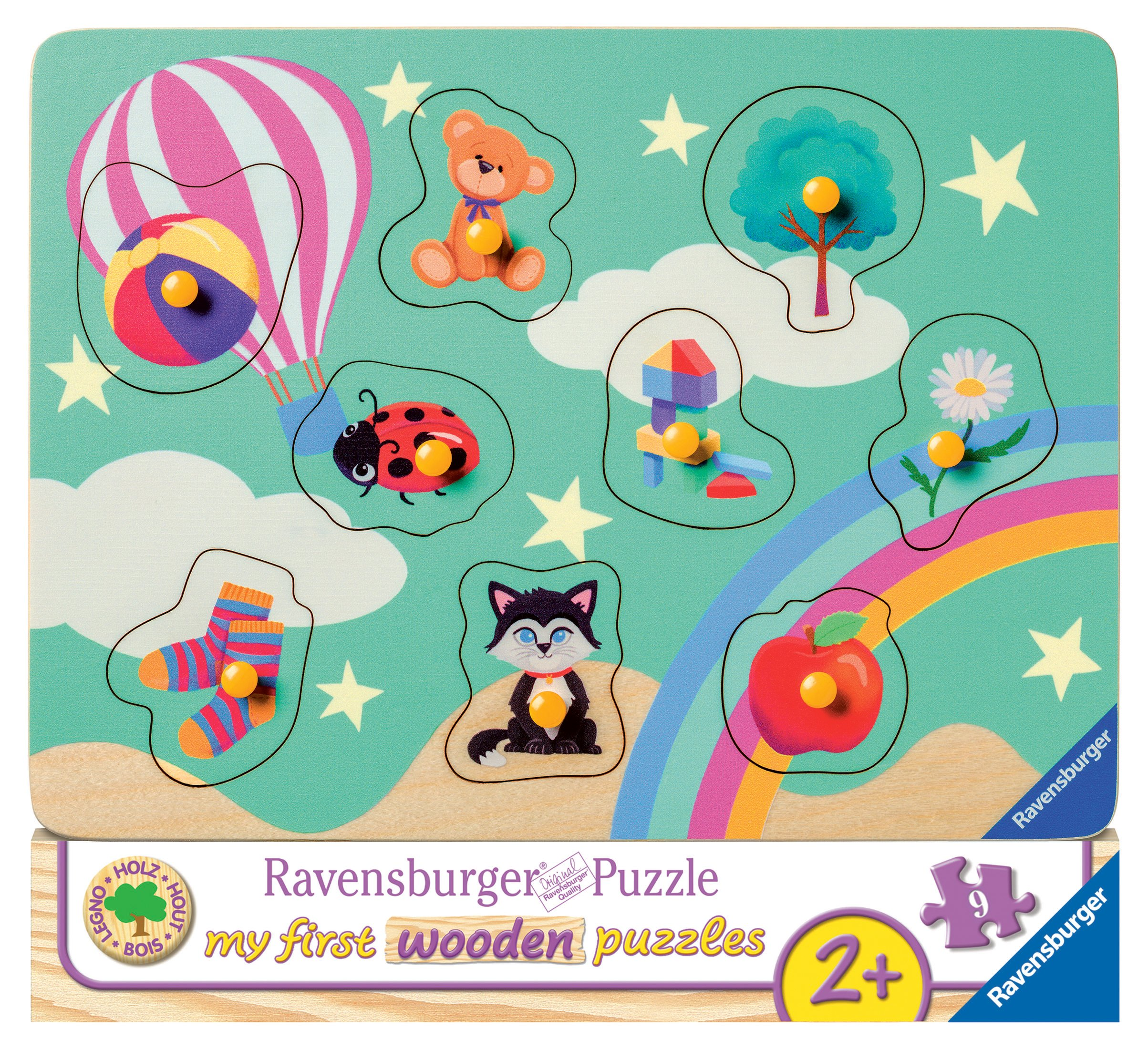 Puzzle in legno con forme: mongolfiera, orso, coccinella, albero, blocchi, calzini, gatto, mela, arcobaleno, stelle.