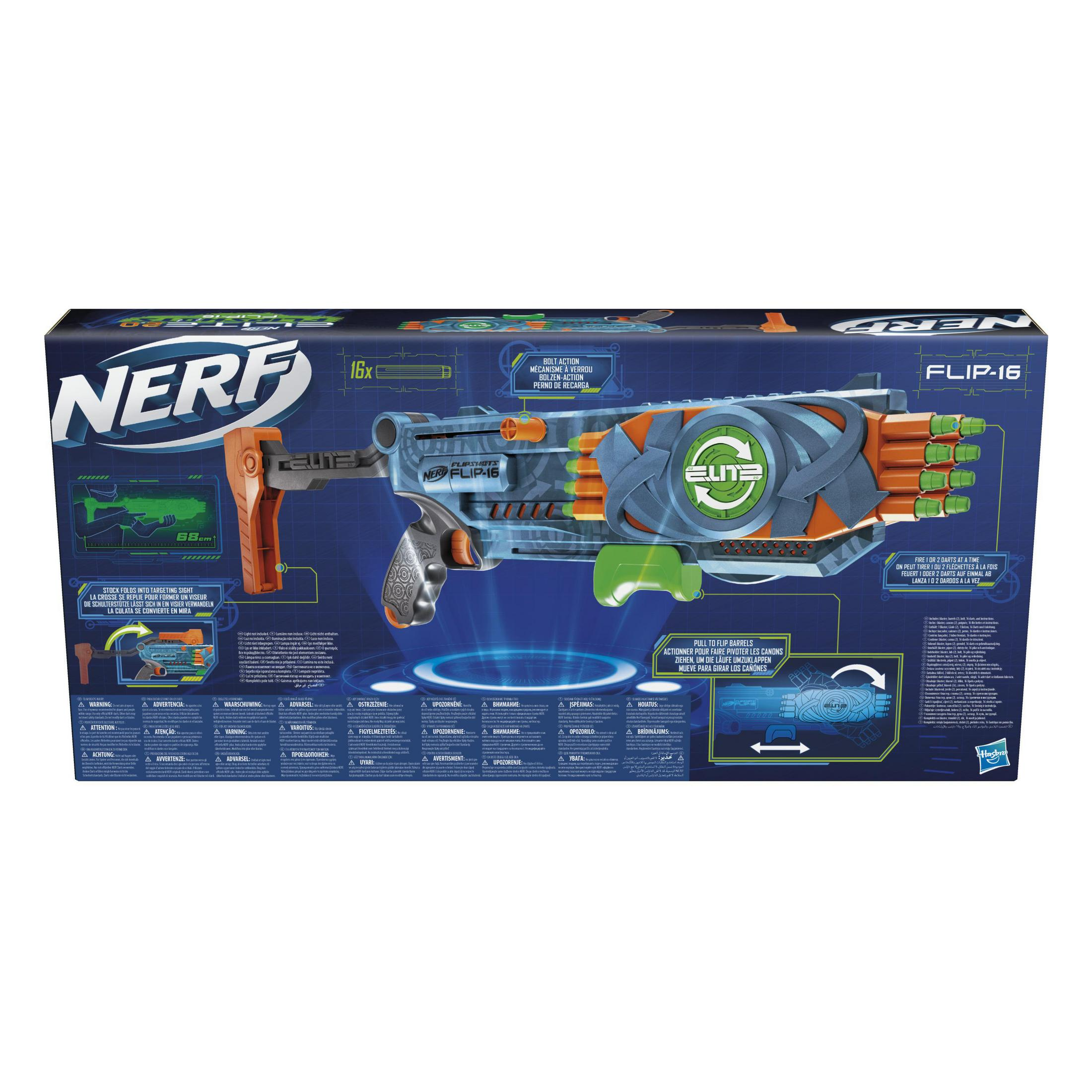 Zabawkowa broń Nerf Flip-16 w pudełku, pokazująca broń i szczegóły. Dominują kolory niebieski, pomarańczowy i zielony.