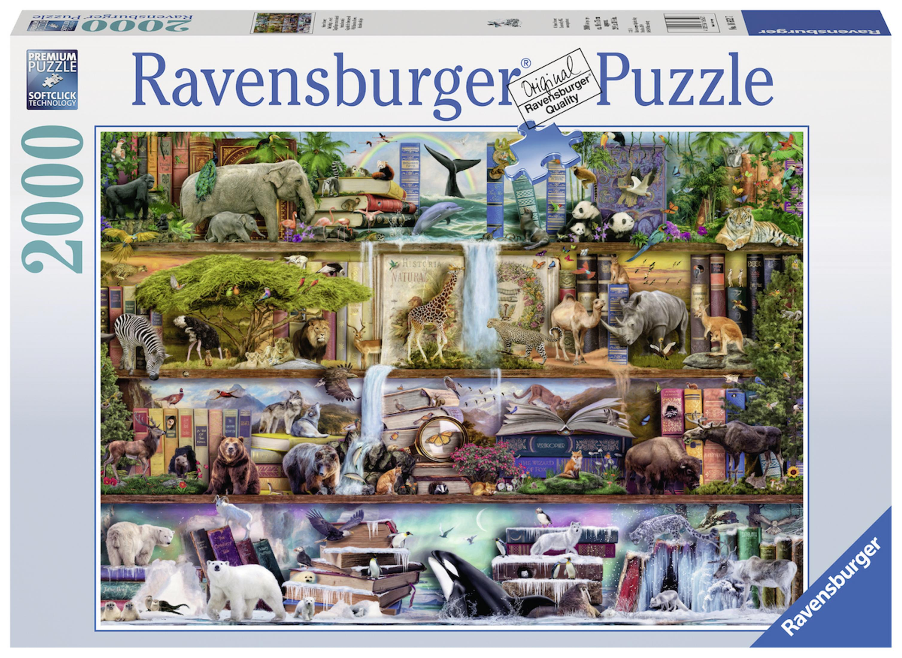 Pudełko z puzzlami Ravensburger przedstawiające bibliotekę pełną zwierząt i wodospad.