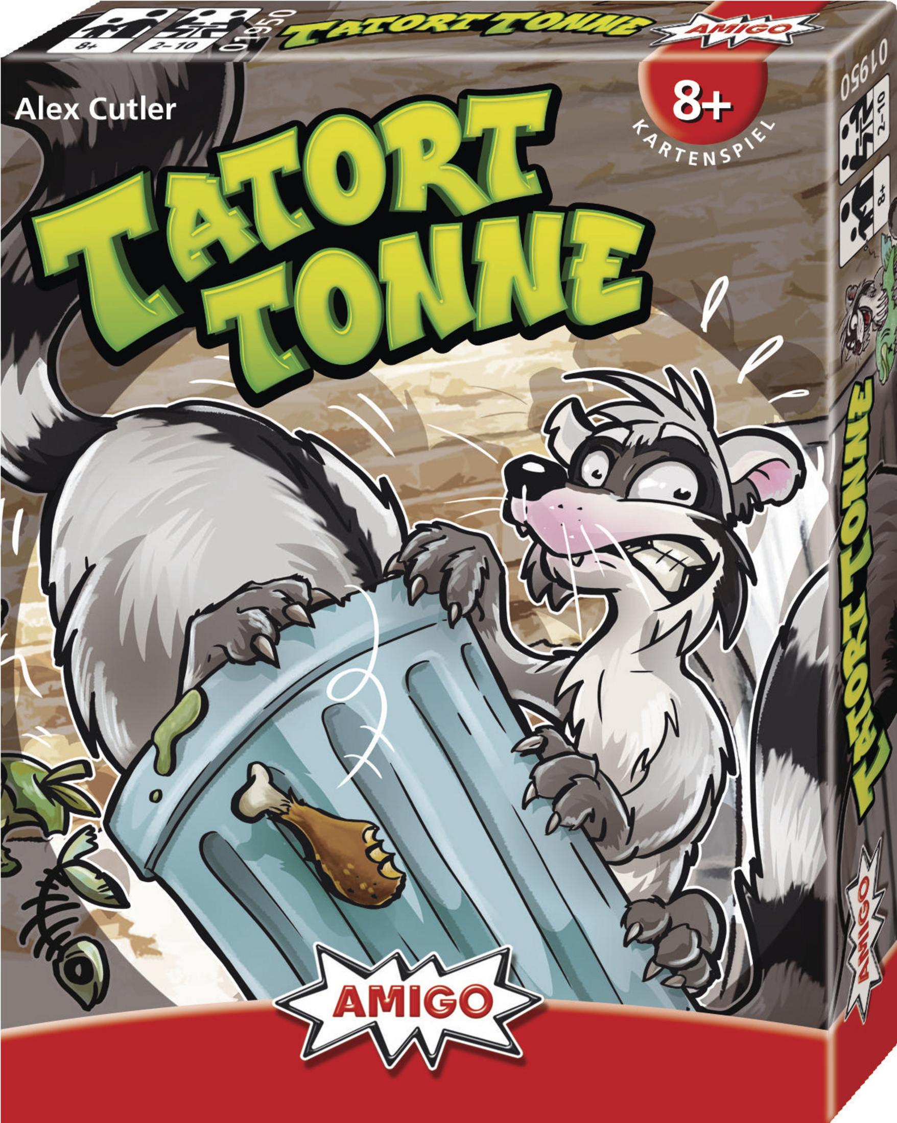 Eine Brettspielbox mit einem Waschbär, der in einer Mülltonne gräbt, mit dem Wort 'TATORT TONNE'.