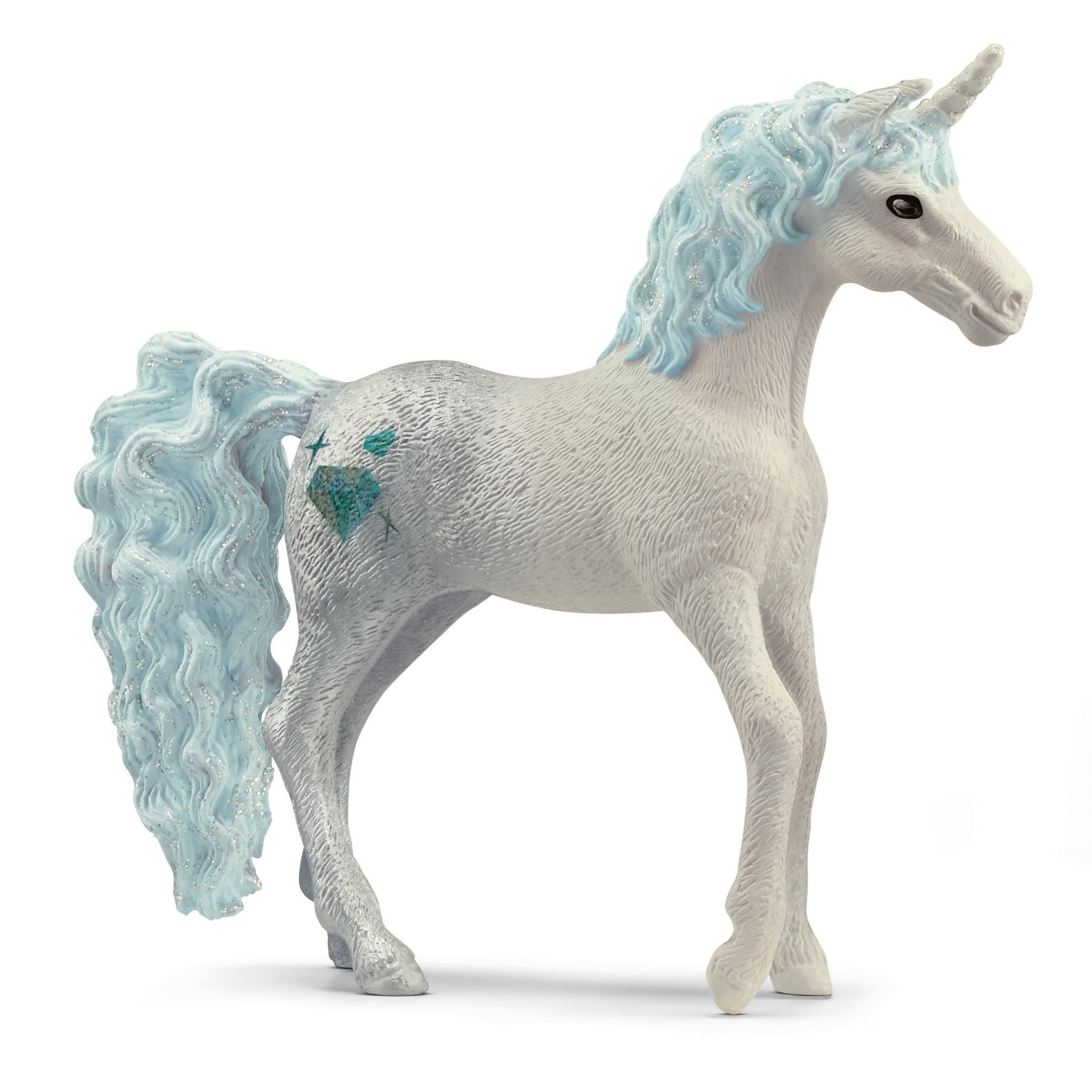 Biały jednorożec z niebieską grzywą i ogonem, znakiem w kształcie serca z boku i białym tłem.