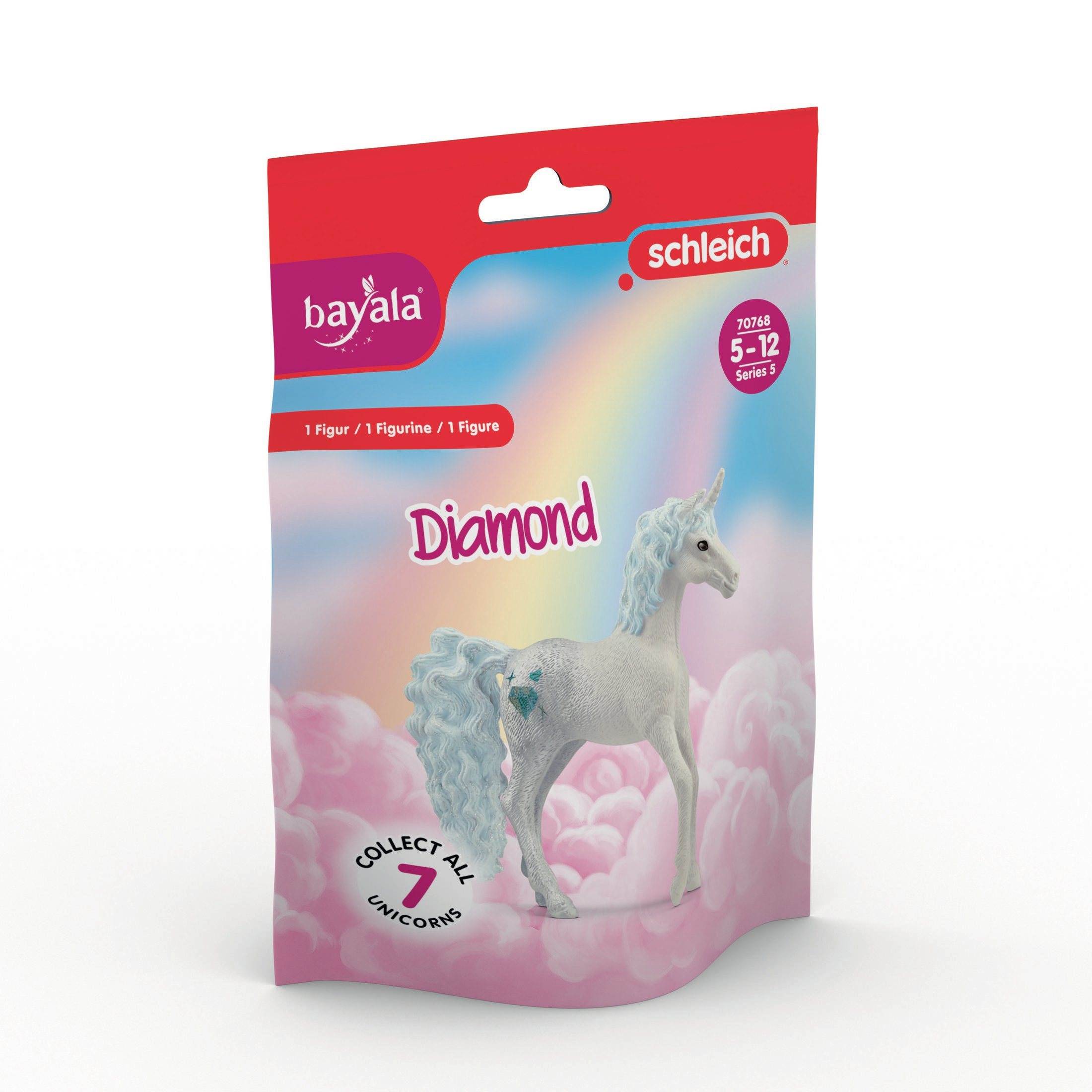 Zabawka jednorożec Schleich w opakowaniu. Biały z niebieską grzywą i klejnotem na biodrze.