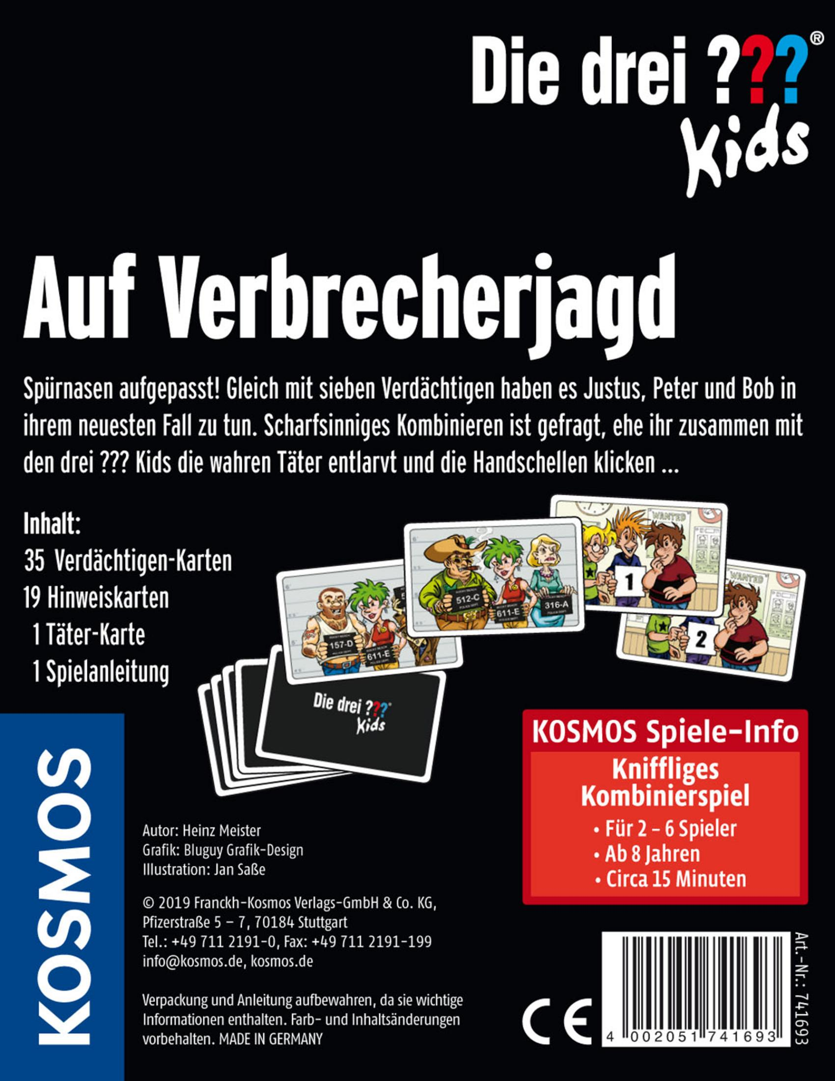 Die Rückseite einer Spielbox mit Text über ein Detektivspiel, mit Abbildungen von Karten.