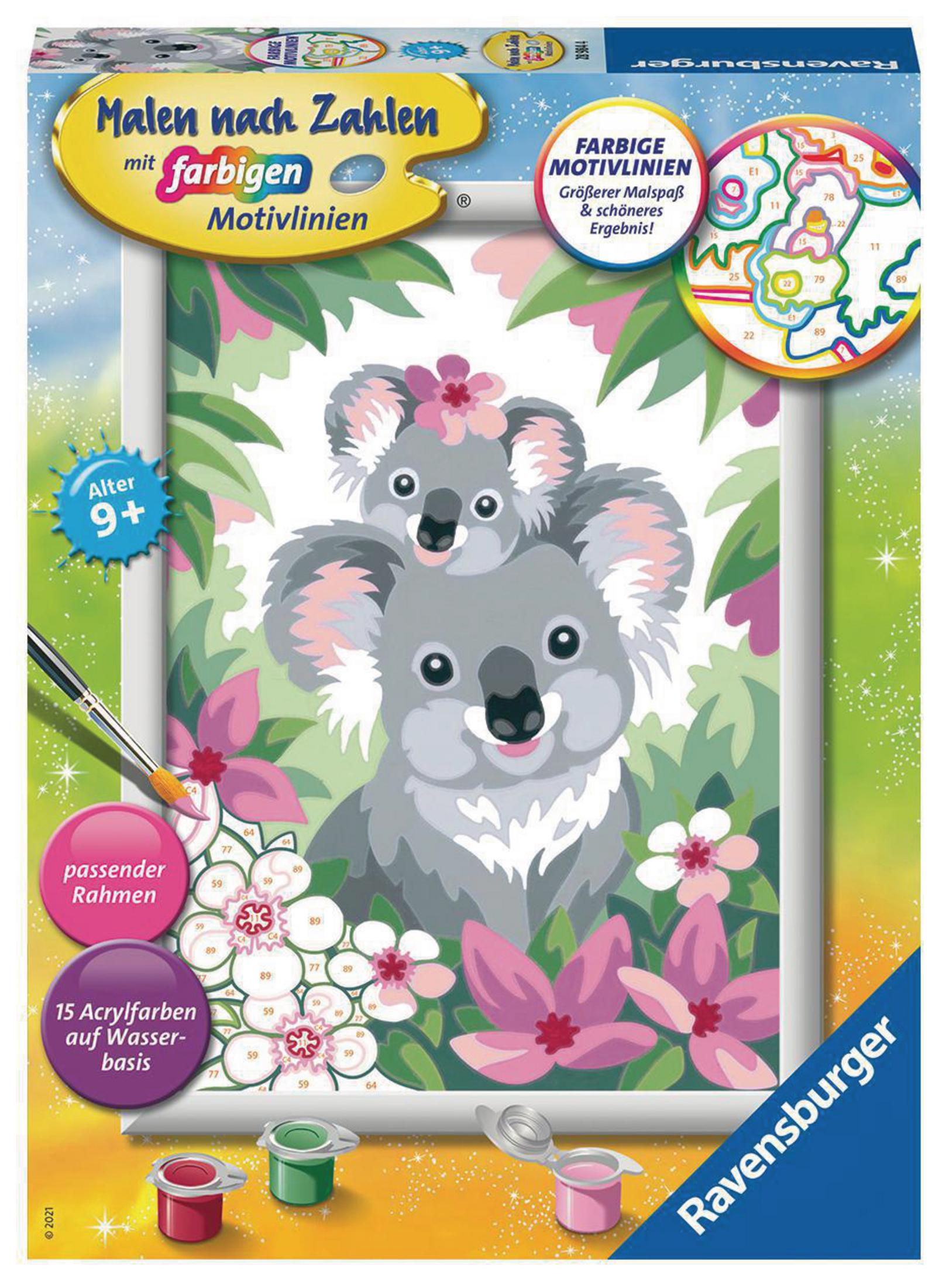 Ein Ravensburger Malen-nach-Zahlen-Set. Koalas mit Blumen. Enthält Farben, Rahmen und Pinsel.