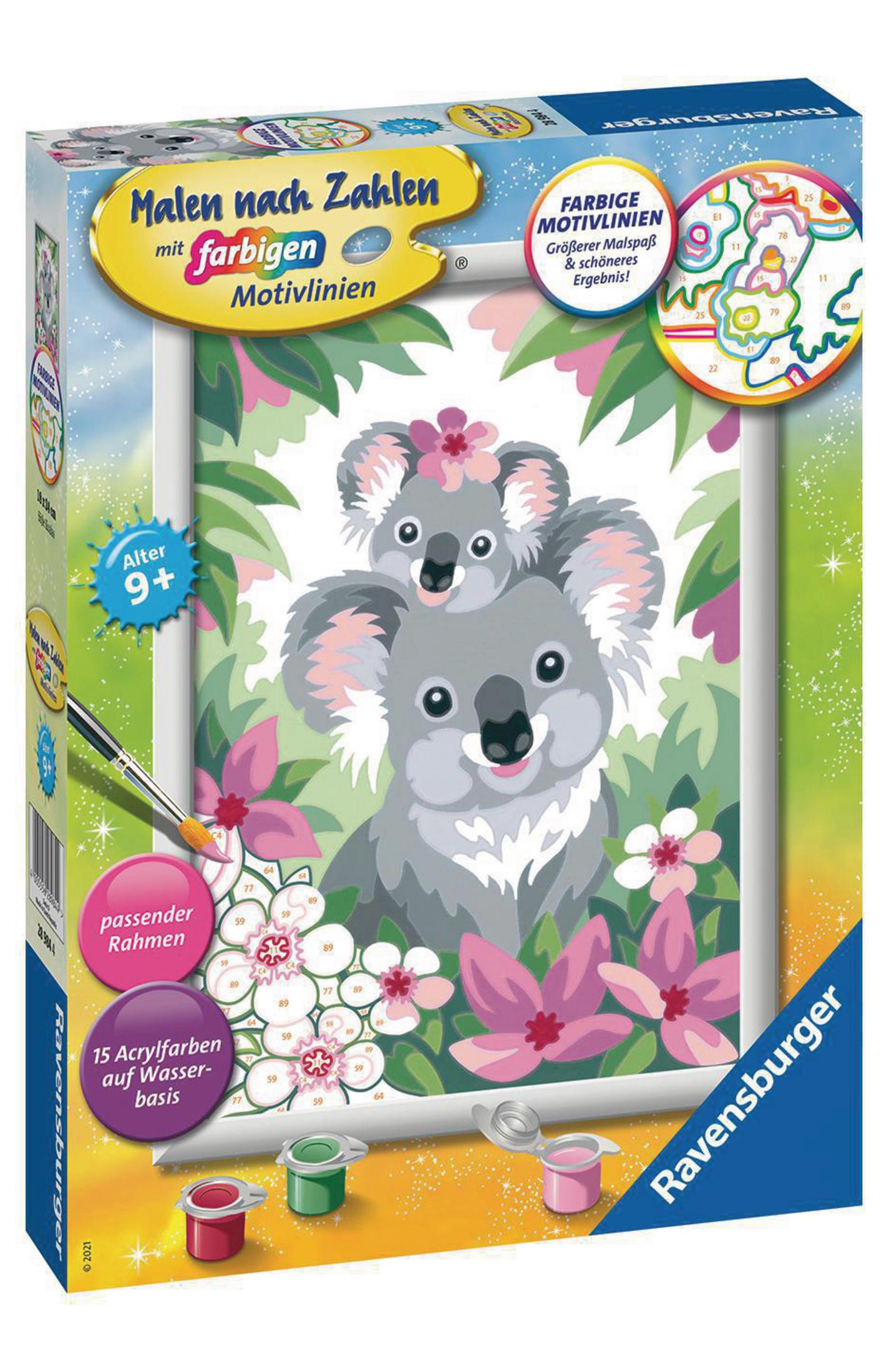 Schachtel mit Malen-nach-Zahlen-Set mit Koalas und Blumen. Das Set enthält Farben und einen Rahmen.