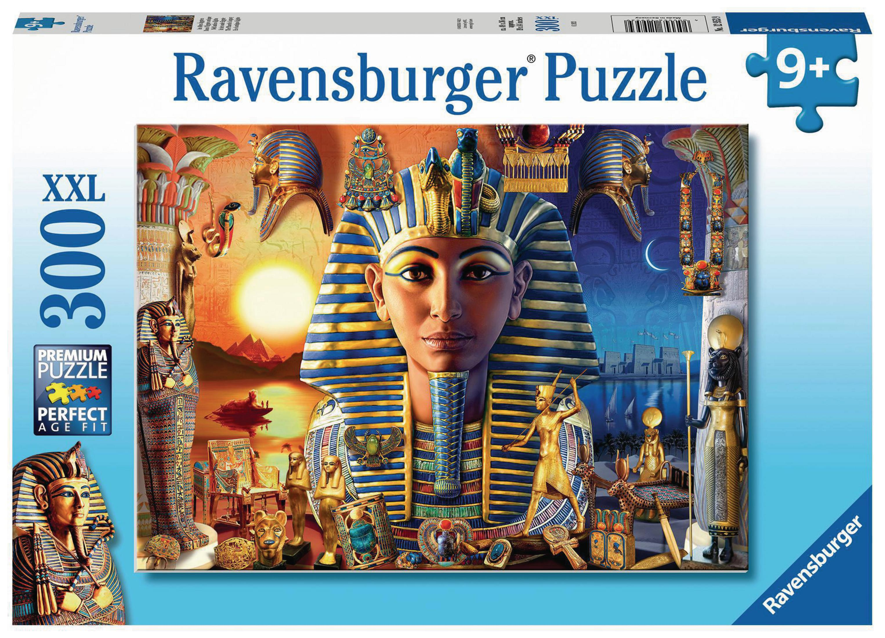 Pudełko puzzli Ravensburger ze zdjęciem egipskiego faraona Tutanchamona.