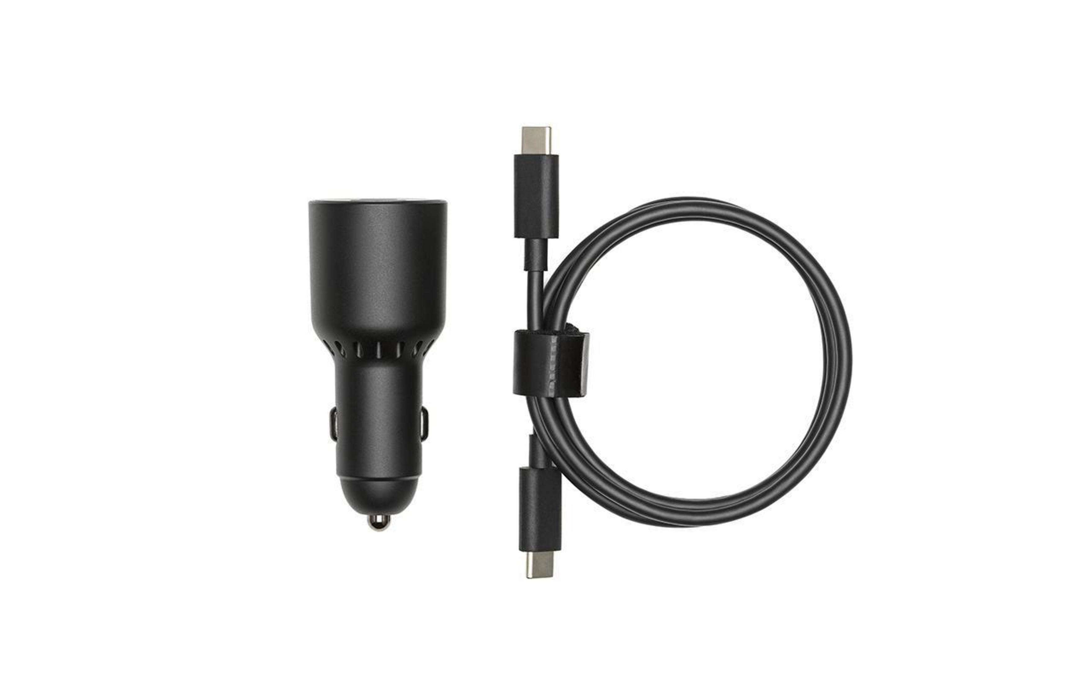 Caricabatterie per auto nero e un cavo USB-C nero. Entrambi sono su sfondo bianco. Il cavo è ad anello.