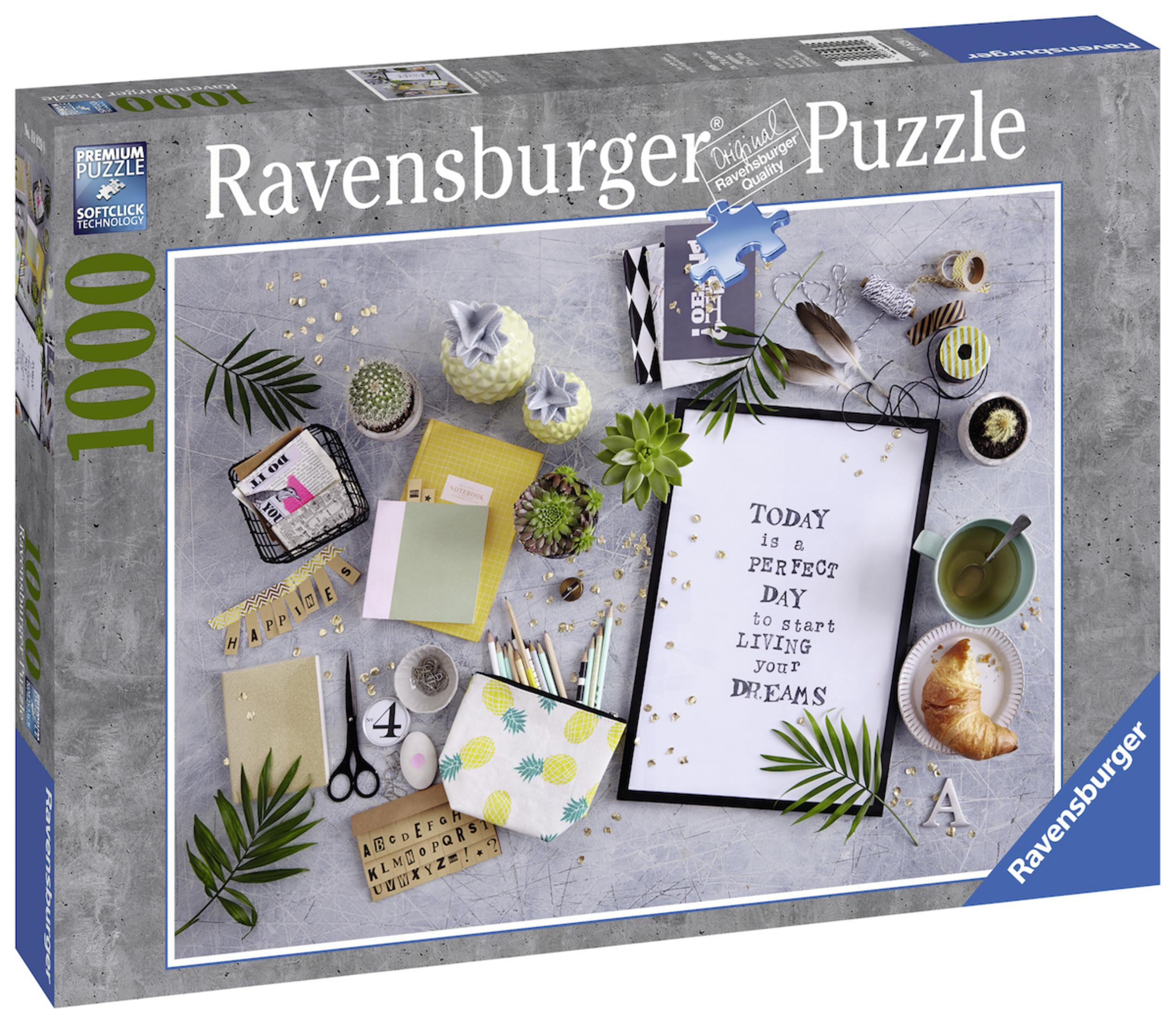 Pudełko z puzzlami ze zdjęciem elementów układanki, roślin i artykułów papierniczych.
