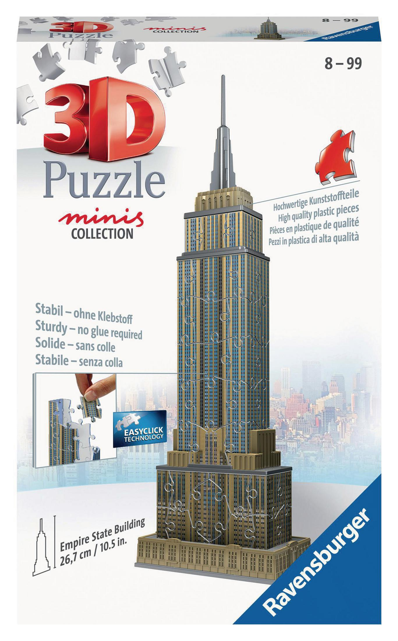 Pudełko z puzzlami 3D Empire State Building, z widocznymi elementami.