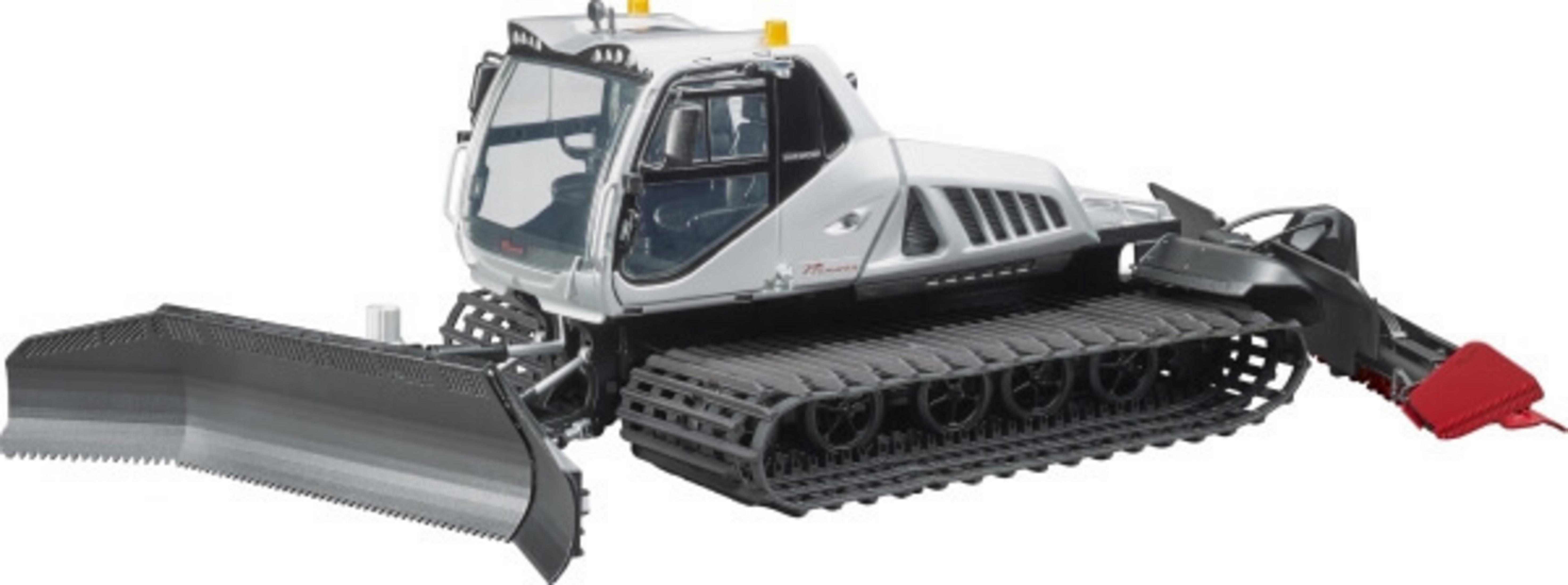 Srebrno-czarna ratrak, z dużą przednią szuflą, na białym tle.