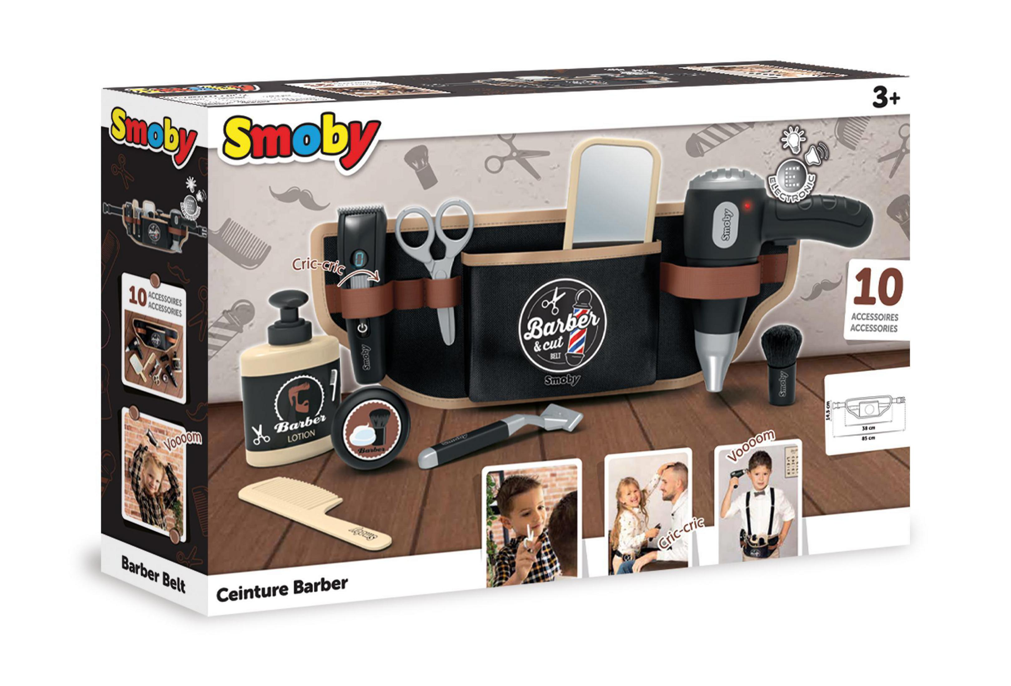 Boxed Spielzeugset eines Friseur-Gürtels mit Zubehör. Enthält einen Fön, eine Schere und einen Kamm.