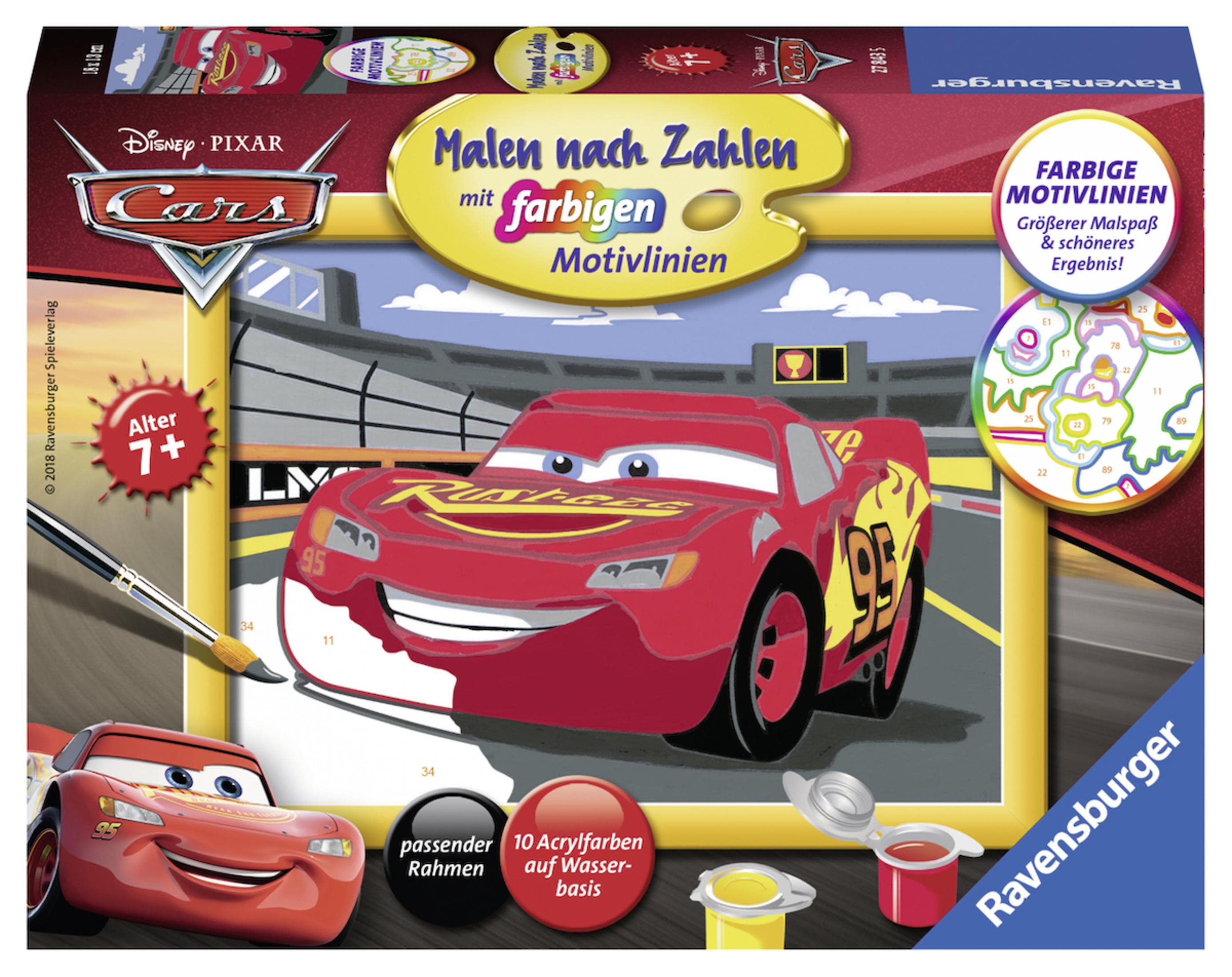 Box-Set von Disney Pixar Cars Malen nach Zahlen, rotes Auto vorn, Malutensilien enthalten.