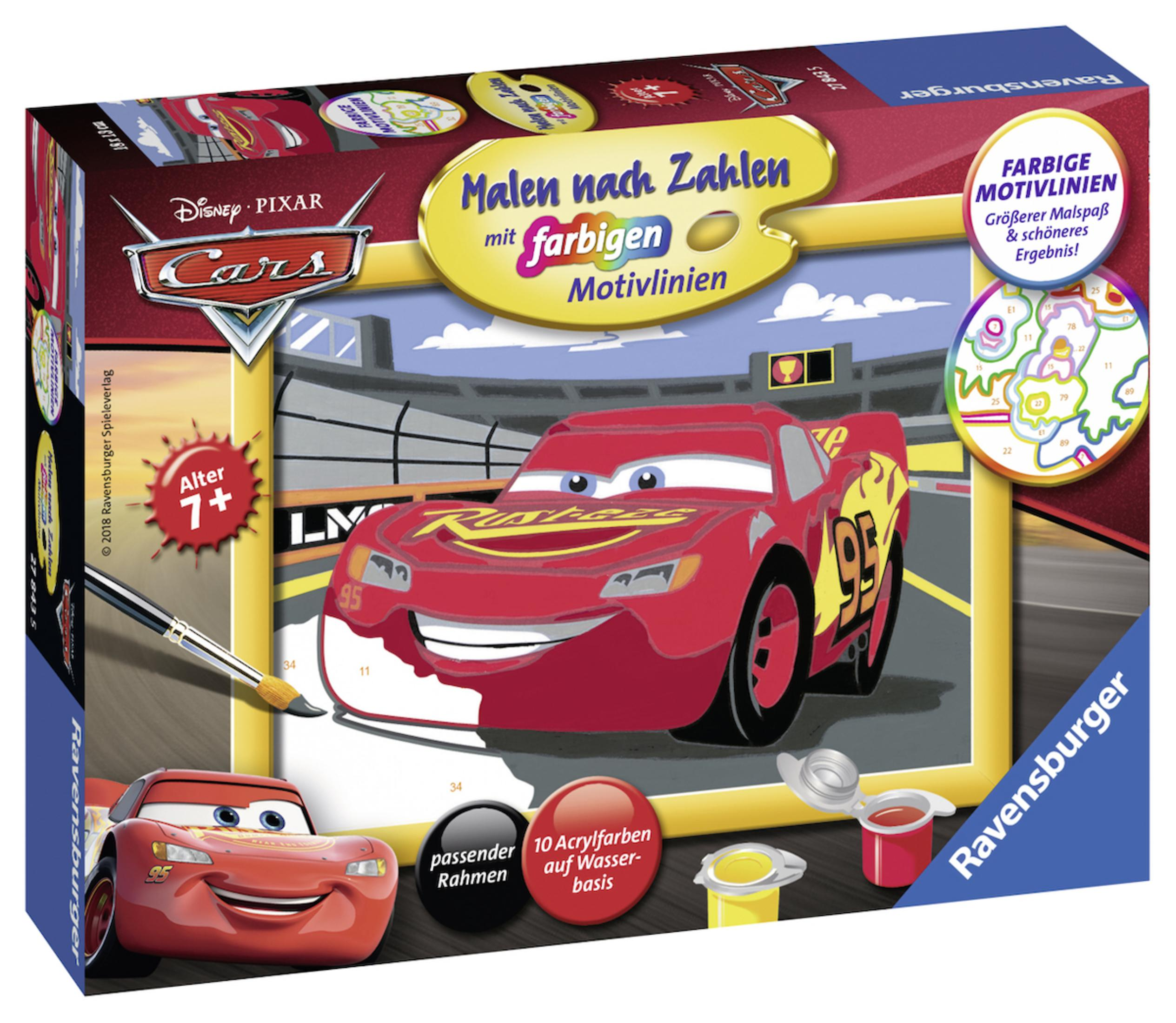 Schachtelkunst für ein Disney Pixar Cars Malen-nach-Zahlen-Set. Lightning McQueen-Bild mit Malutensilien.